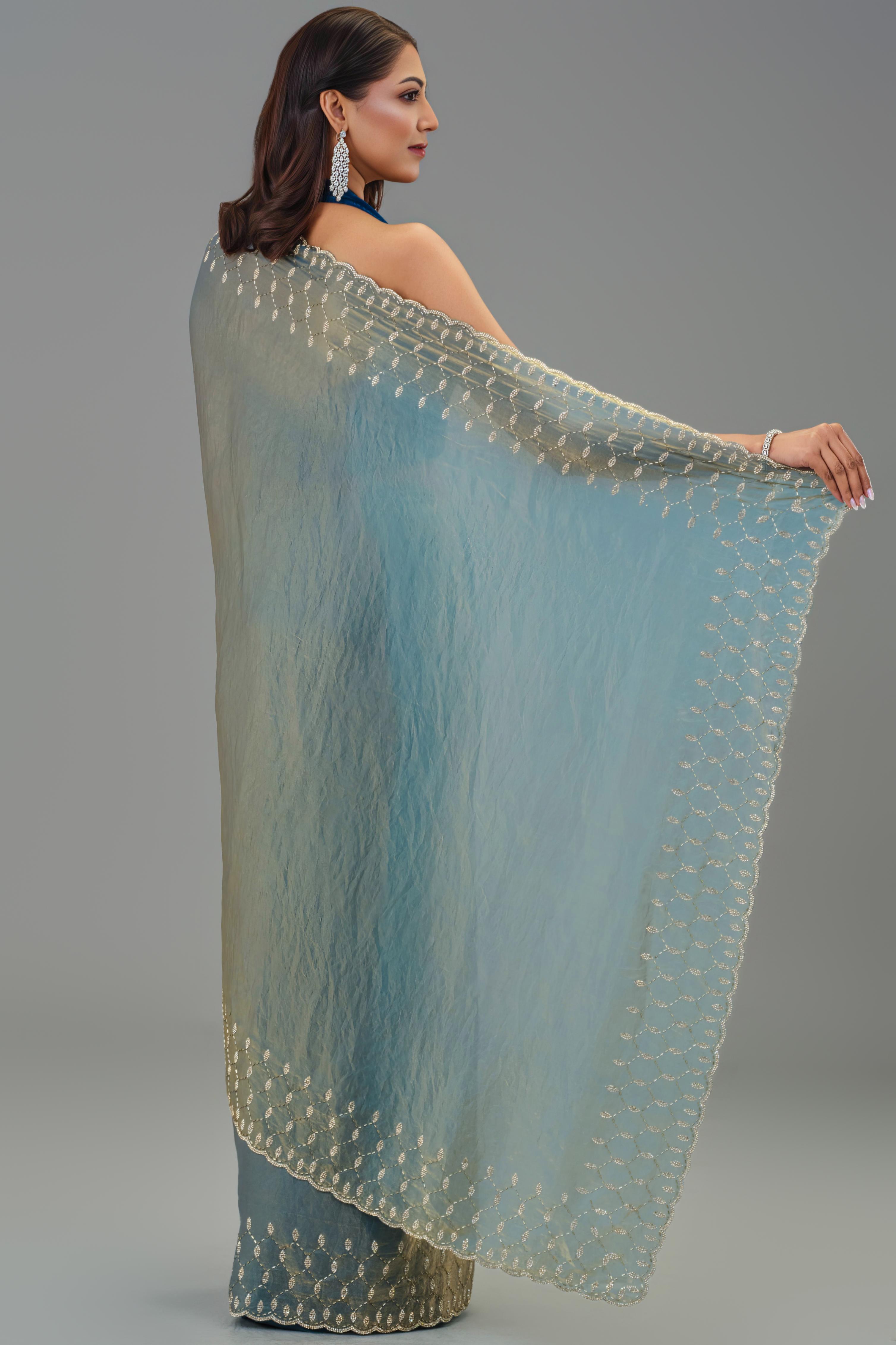 Teal Embellished Tissue Silk Saree
