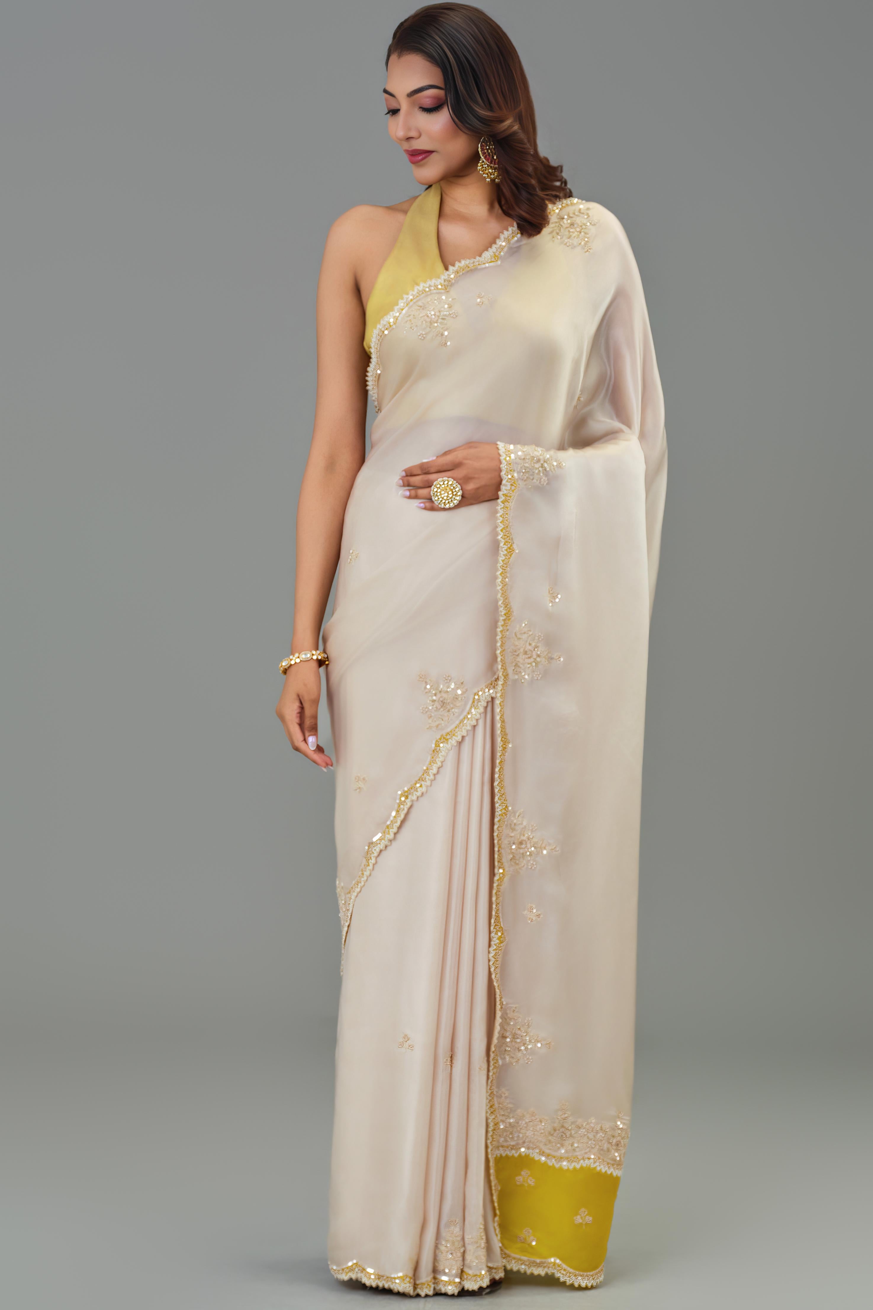 Ivory Embroidered Cosmo Silk Saree