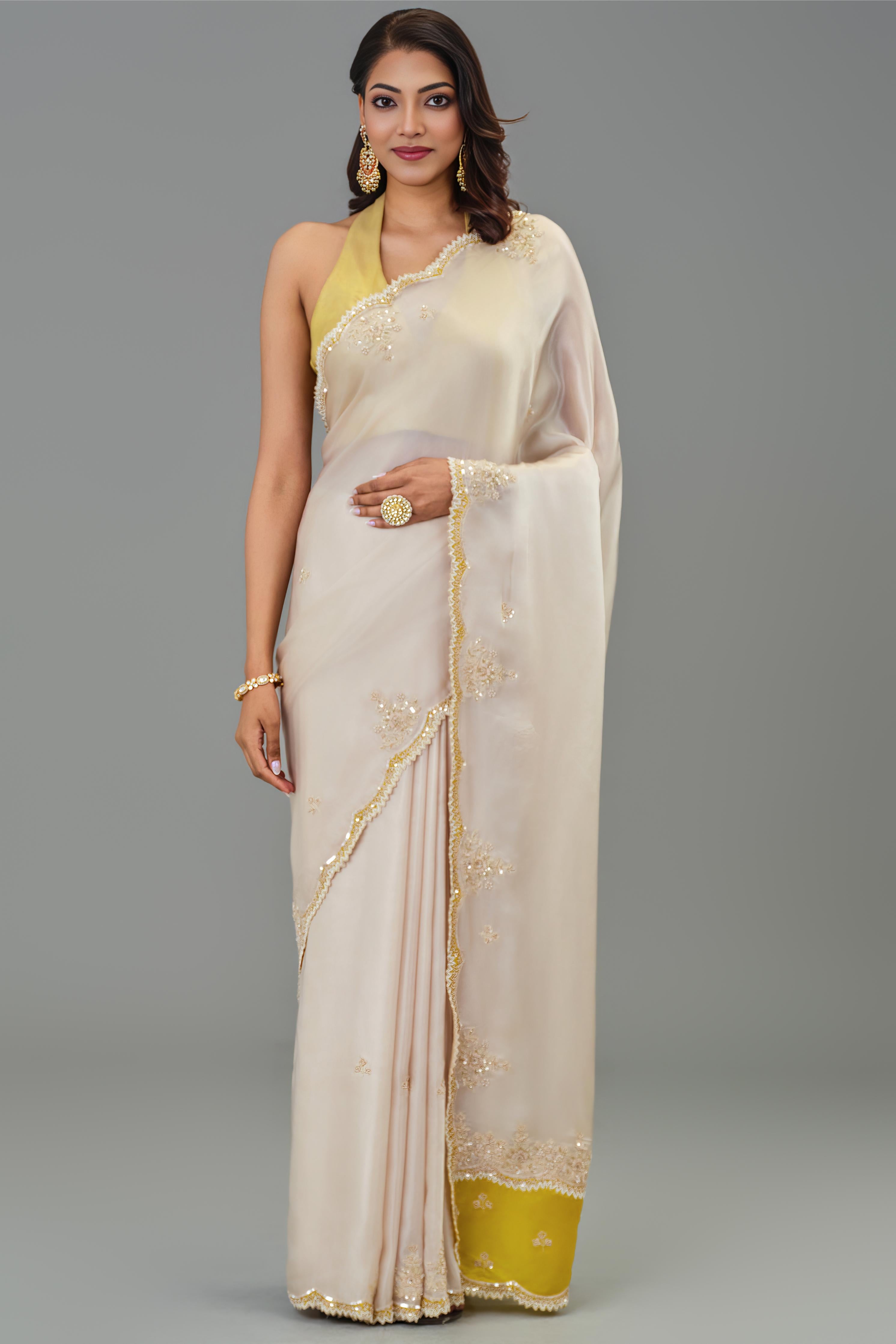 Ivory Embroidered Cosmo Silk Saree