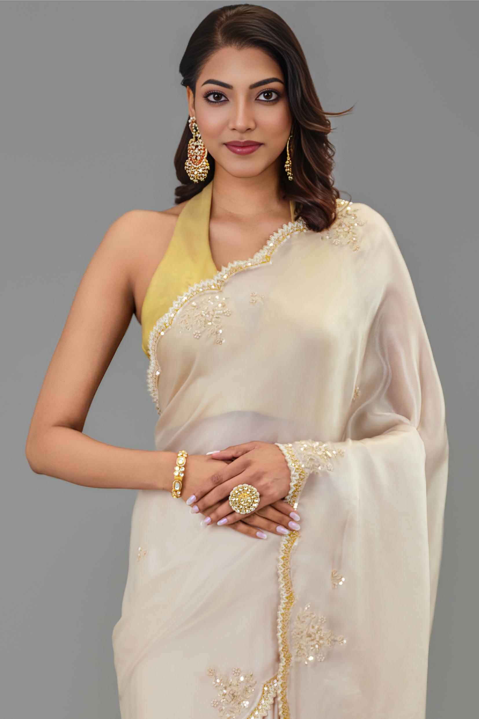 Ivory Embroidered Cosmo Silk Saree