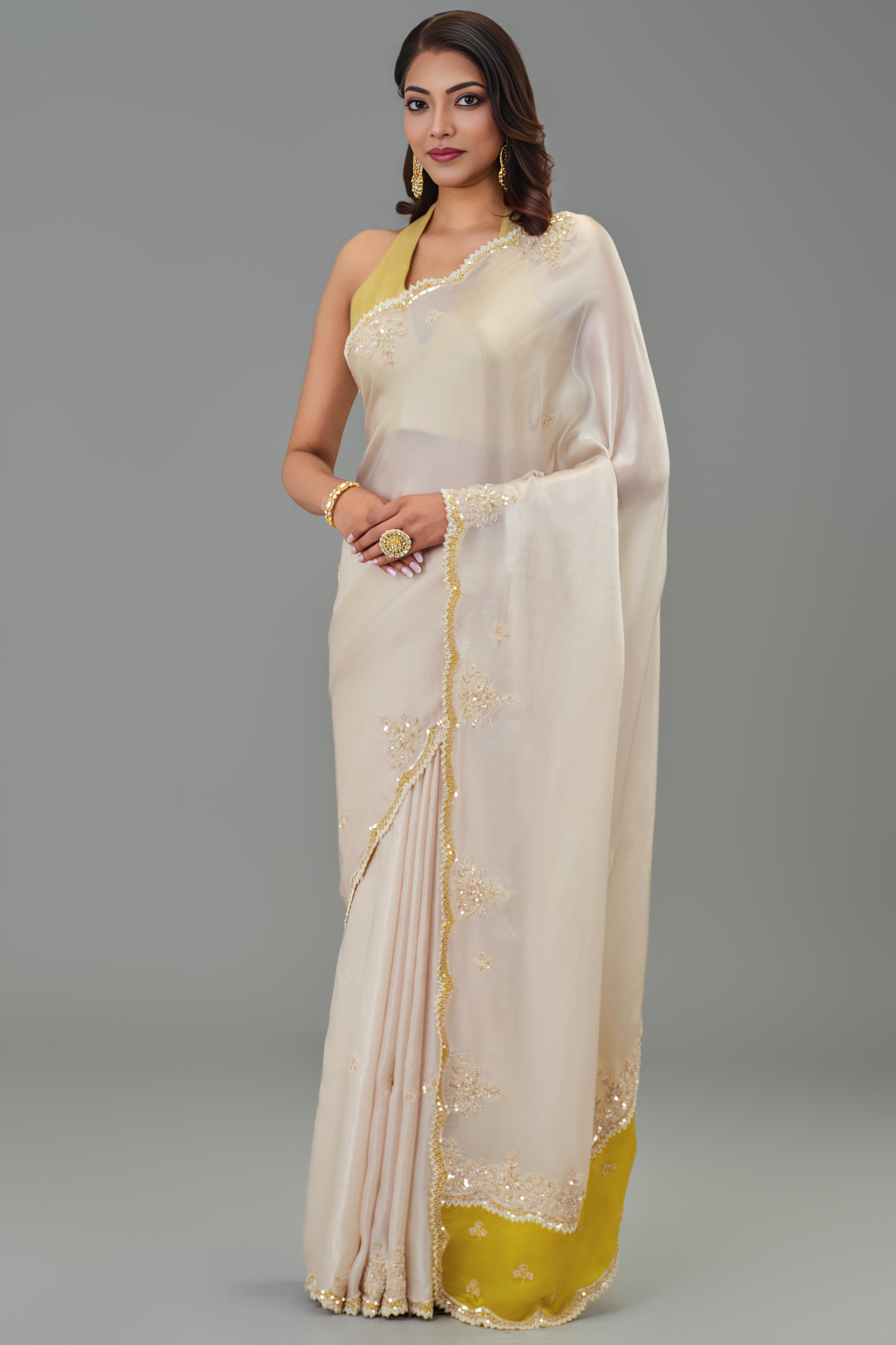 Ivory Embroidered Cosmo Silk Saree
