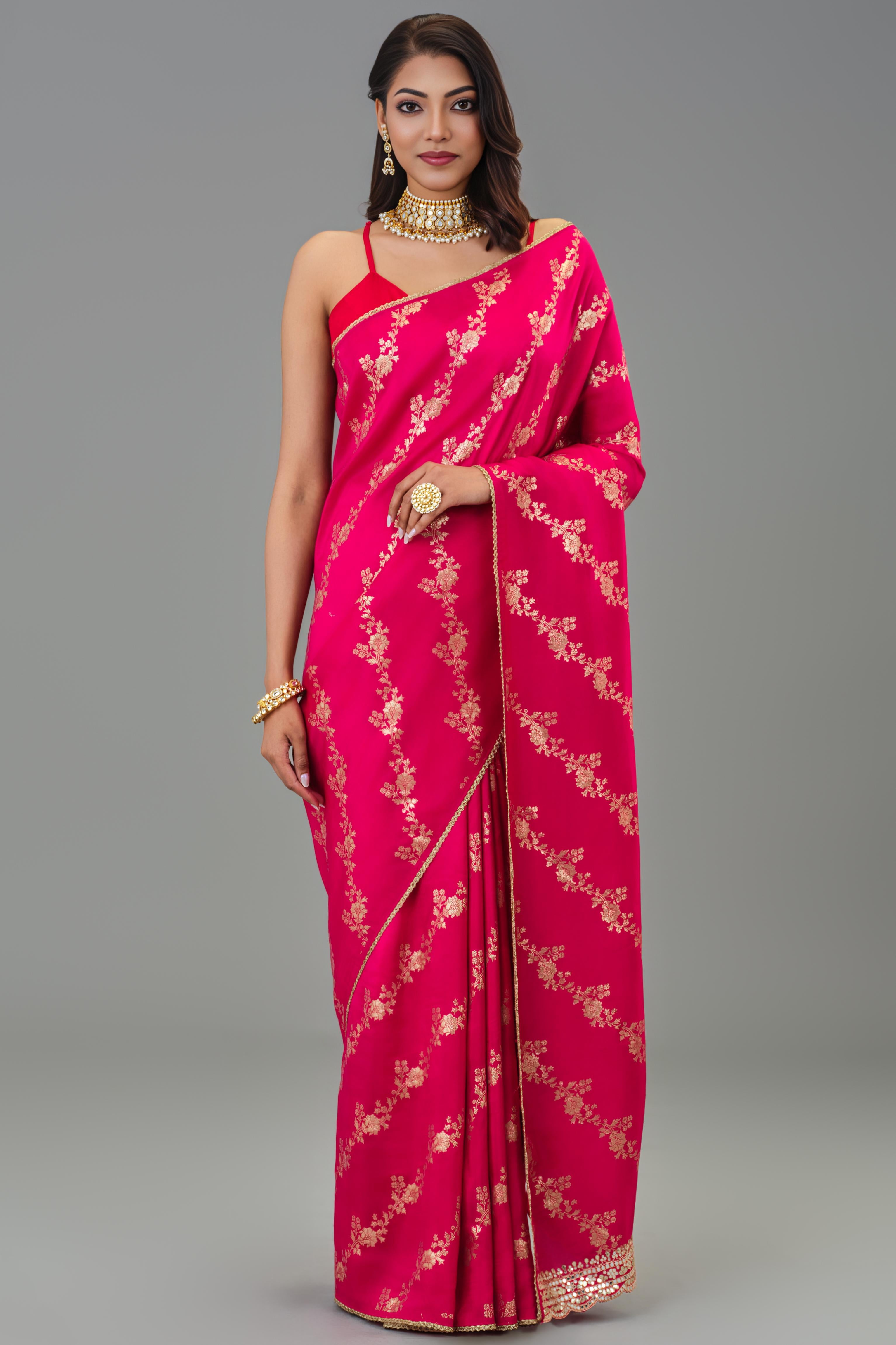 Festive Pink Handwork Dola Silk Saree