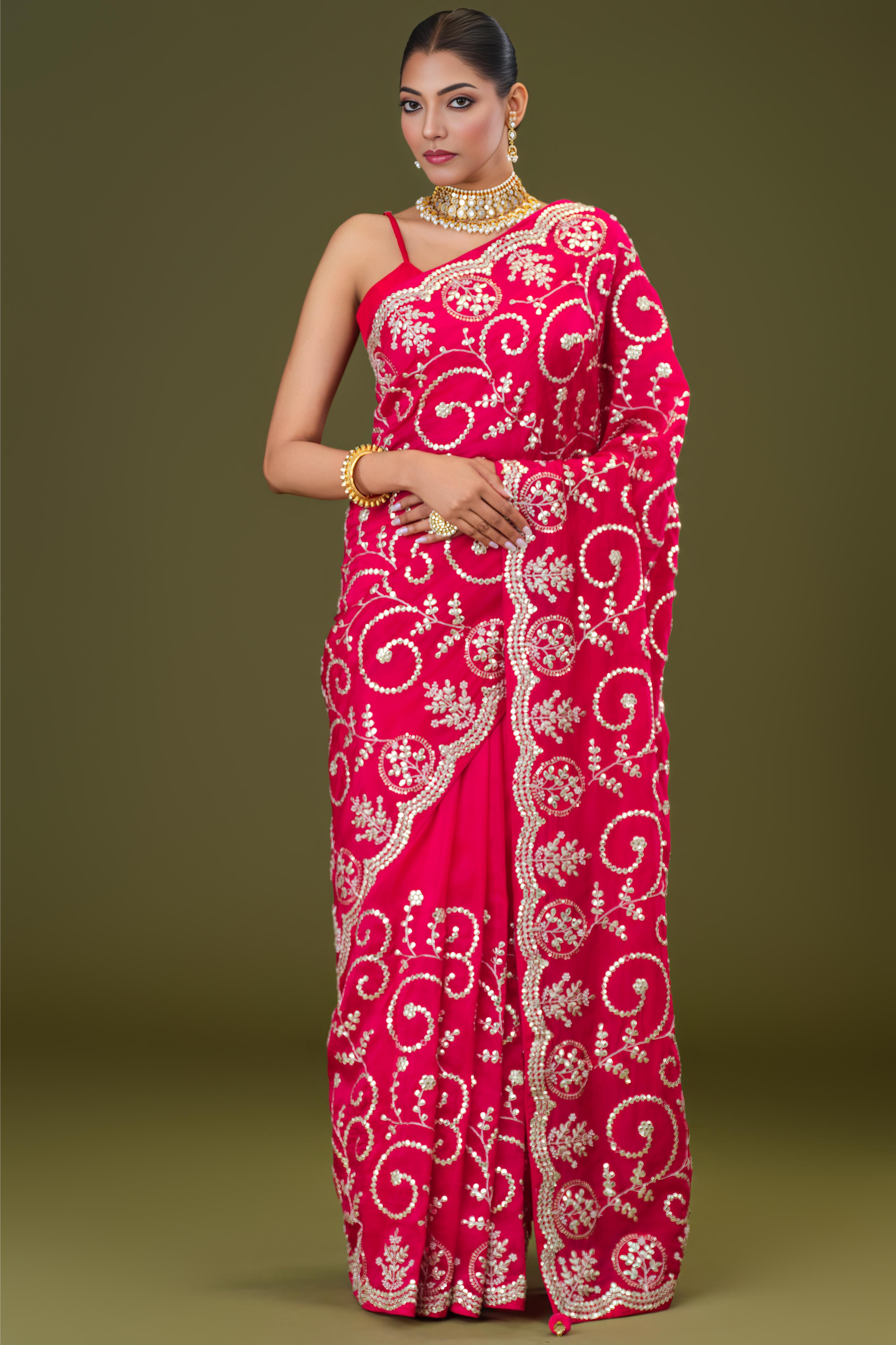 Red Embellished Russian Crepe Silk Saree