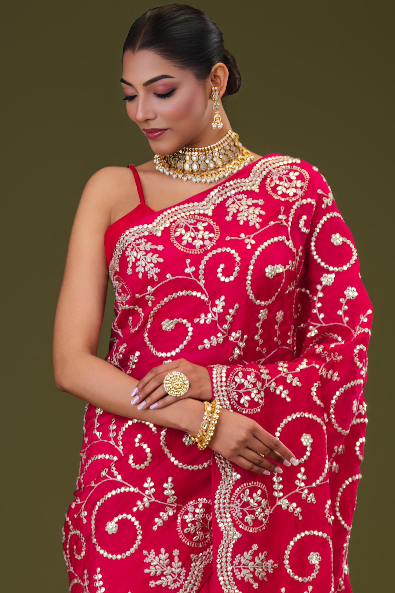 Red Embellished Russian Crepe Silk Saree