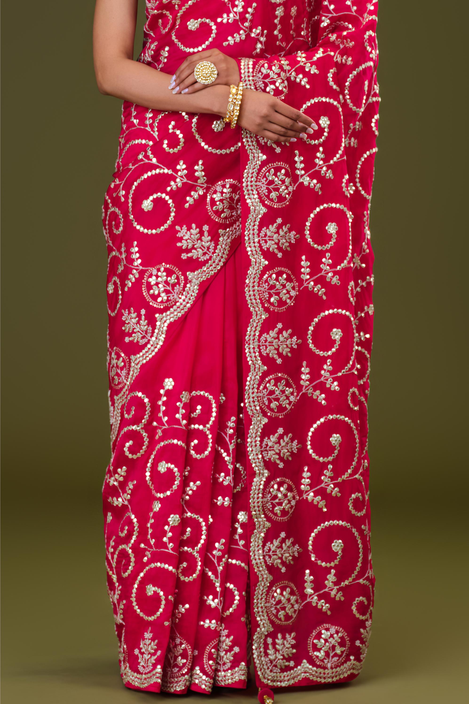Red Embellished Russian Crepe Silk Saree
