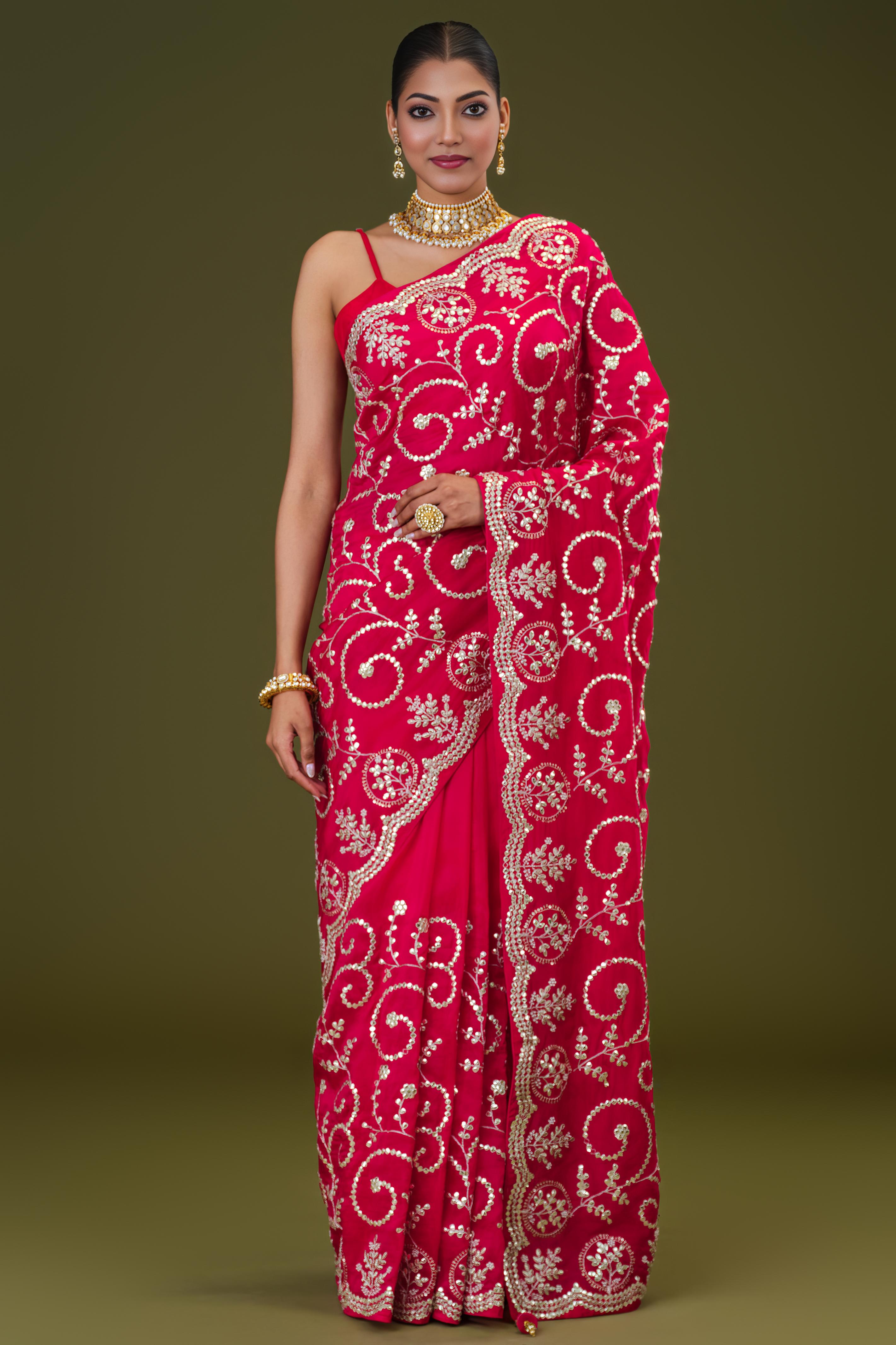Red Embellished Russian Crepe Silk Saree