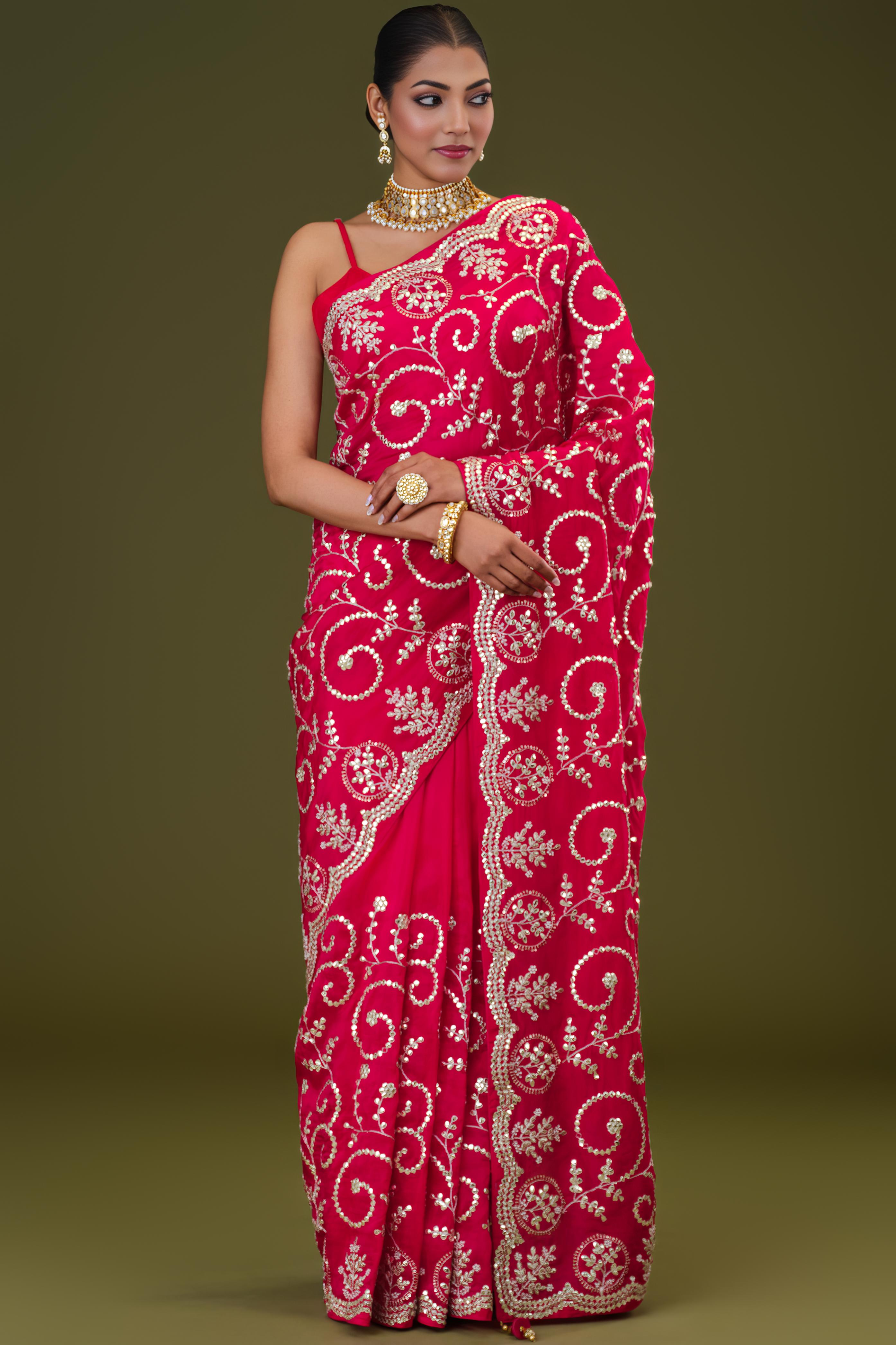 Red Embellished Russian Crepe Silk Saree