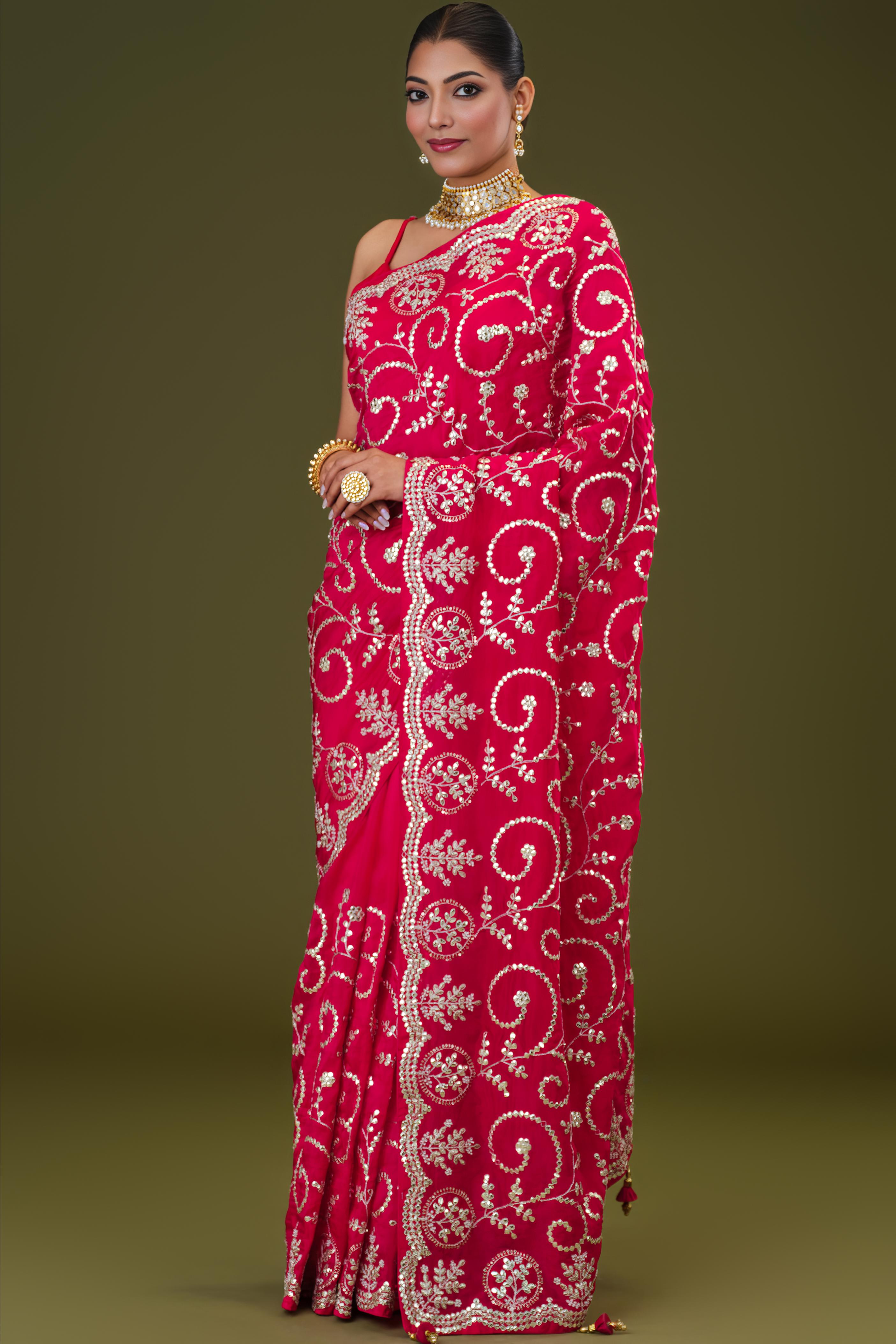 Red Embellished Russian Crepe Silk Saree