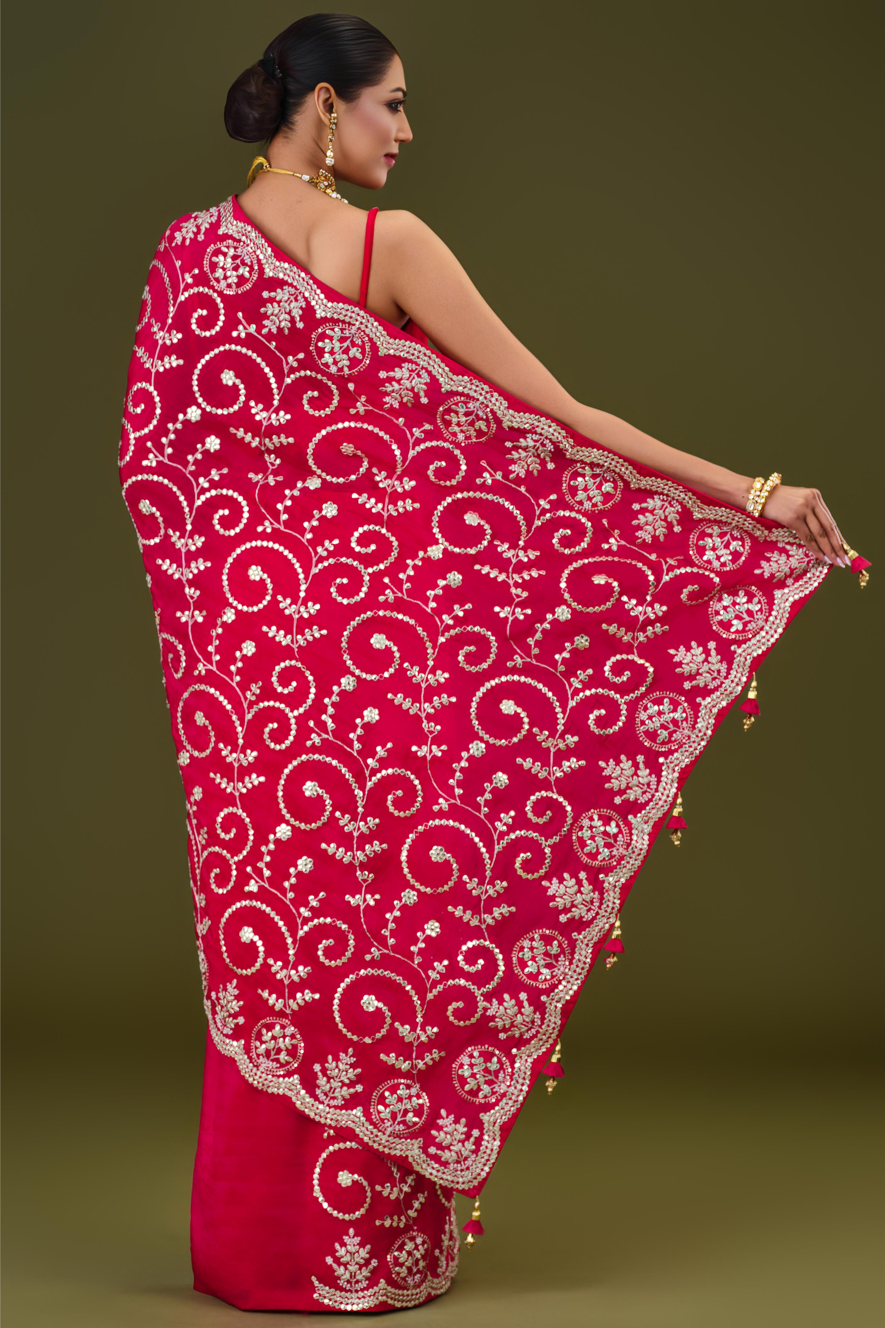 Red Embellished Russian Crepe Silk Saree