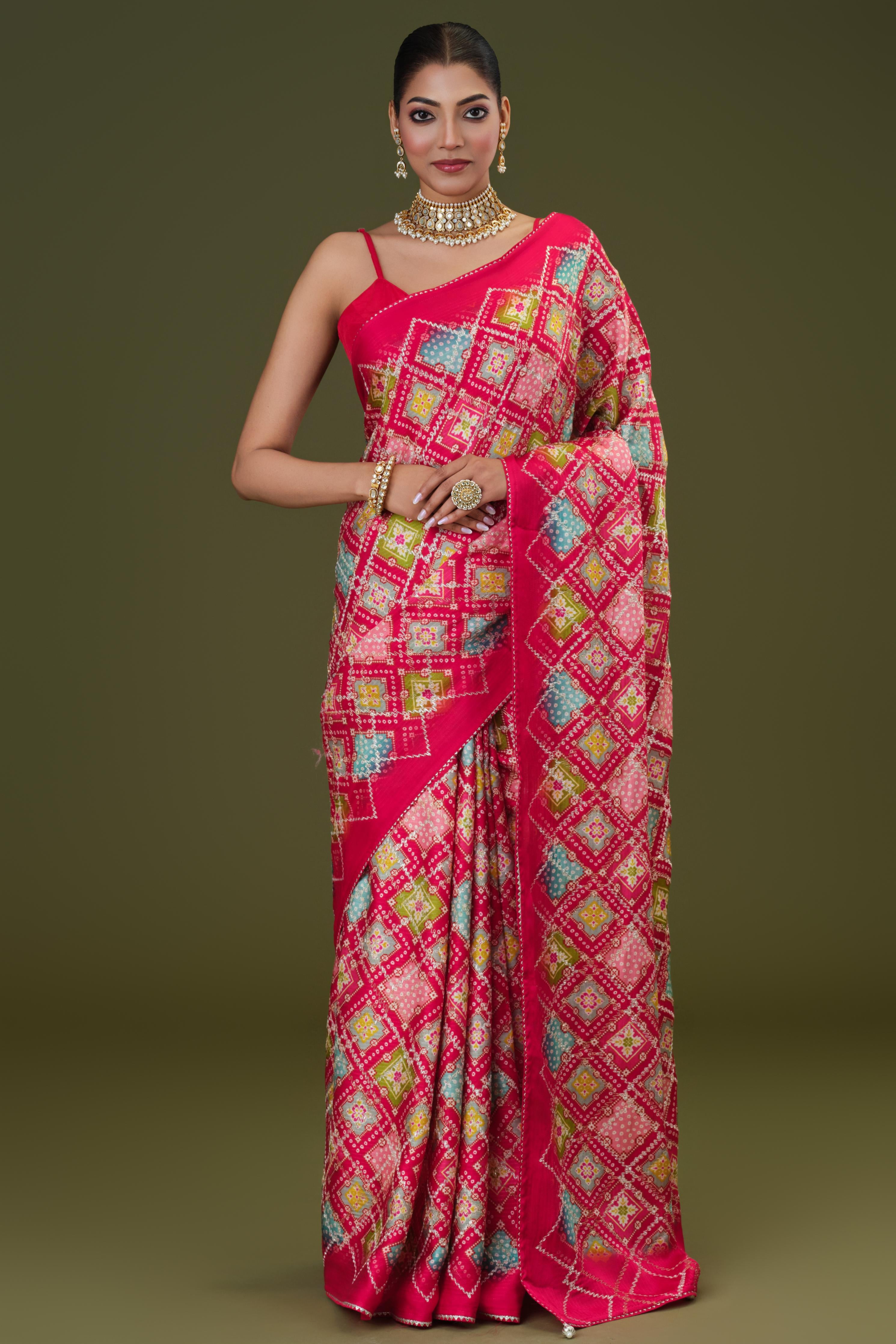 Red Printed Satin Silk Saree