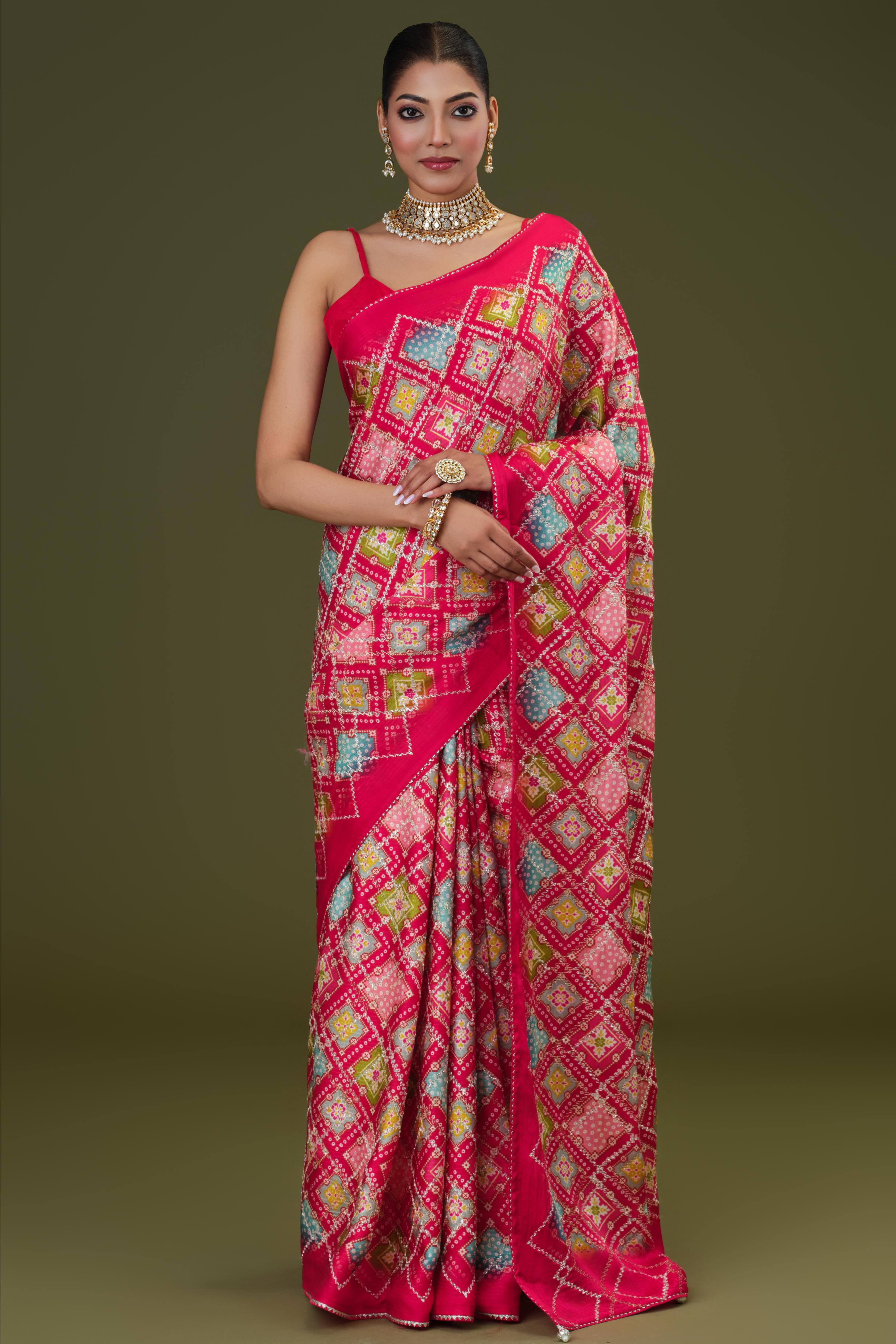 Red Printed Satin Silk Saree