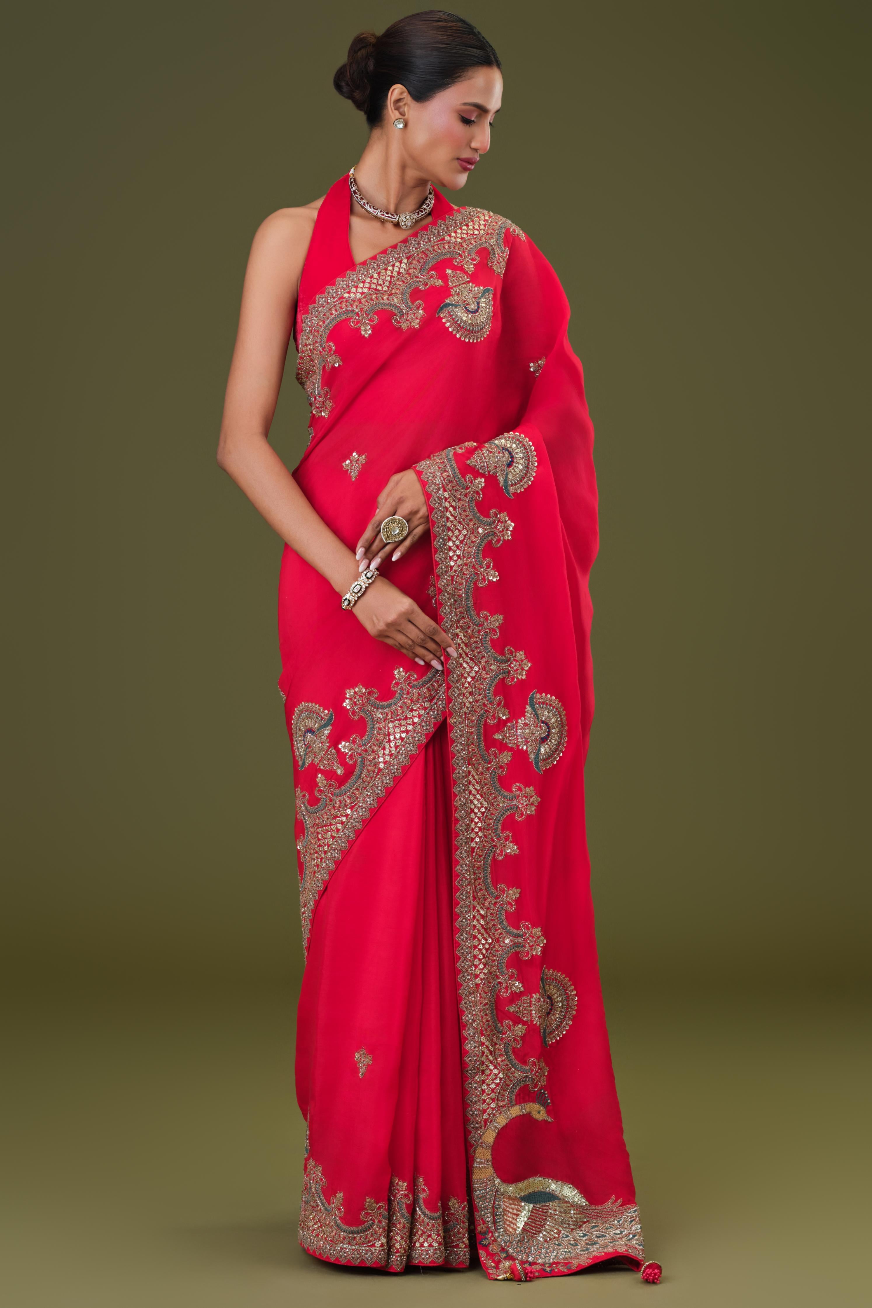 Bright Red Embroidered Satin Silk Saree