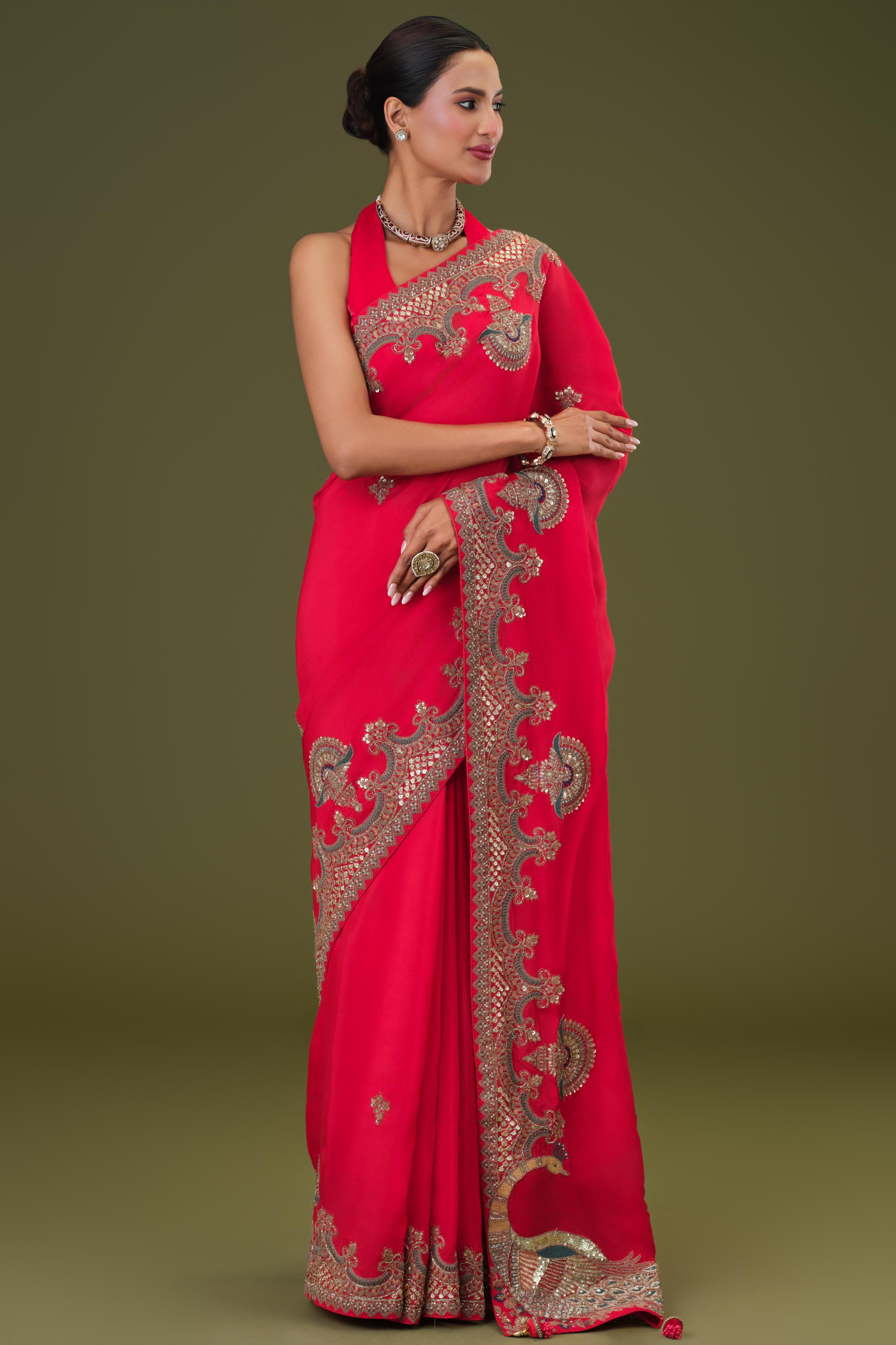 Bright Red Embroidered Satin Silk Saree