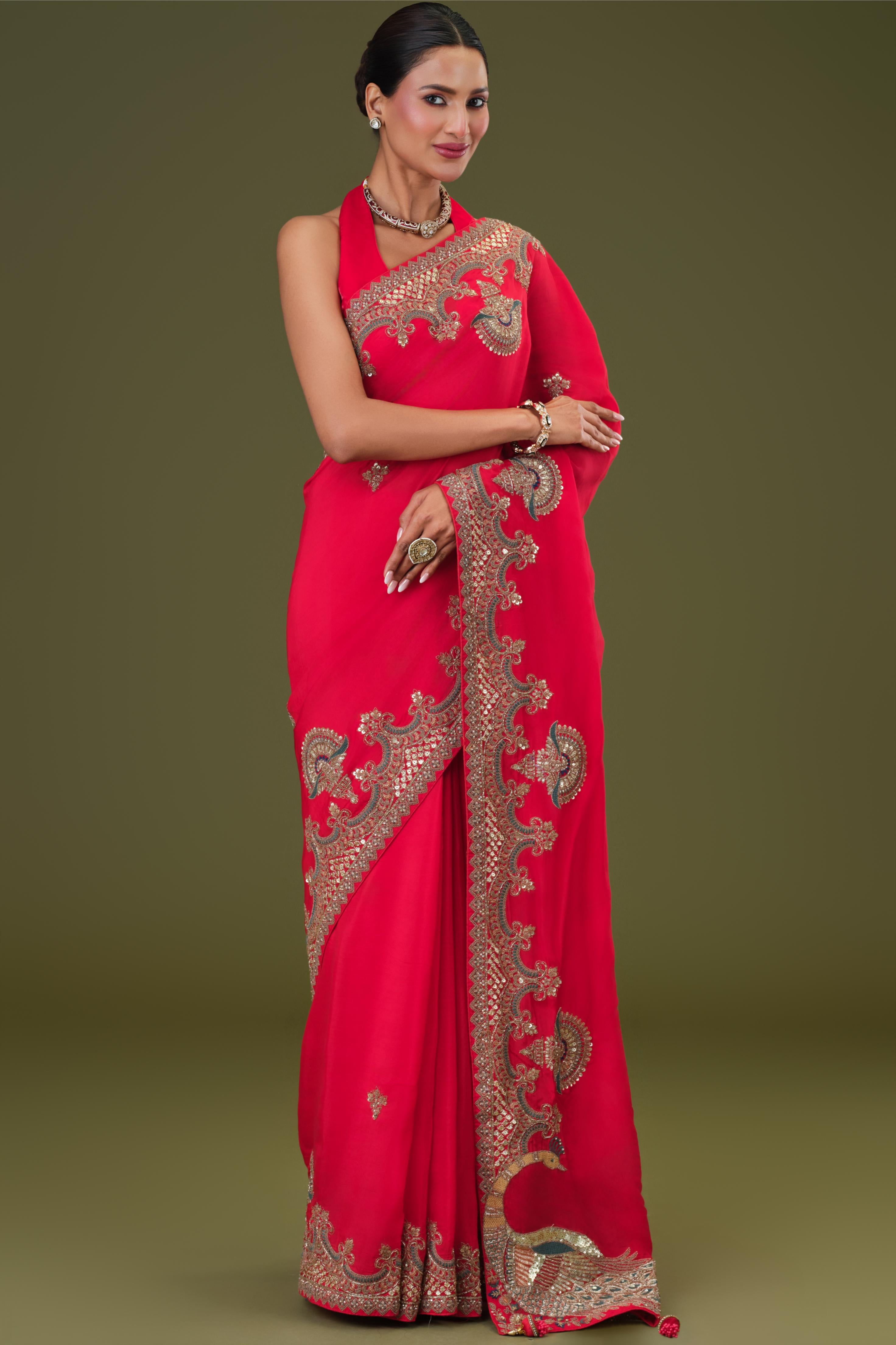 Bright Red Embroidered Satin Silk Saree