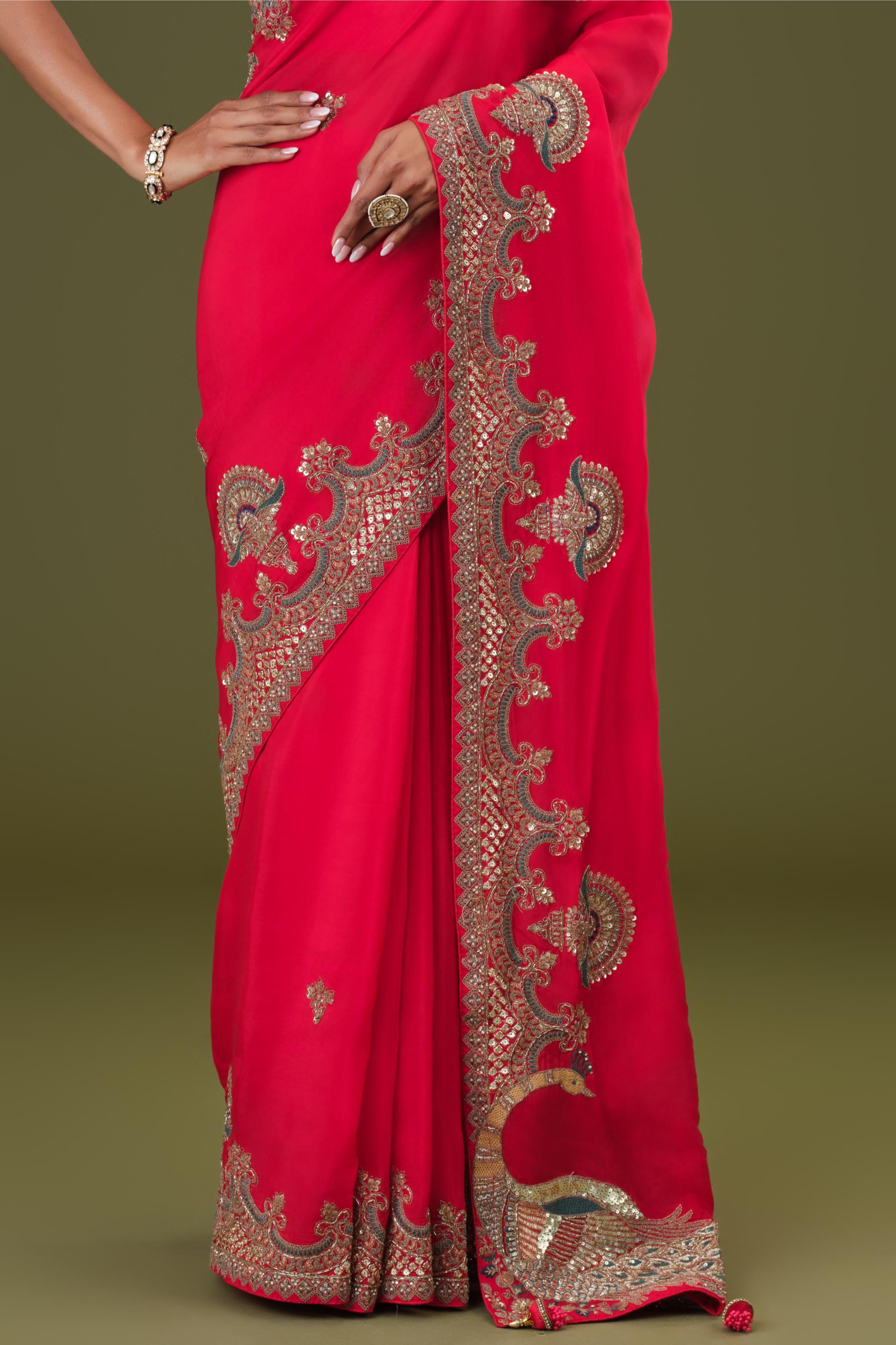Bright Red Embroidered Satin Silk Saree
