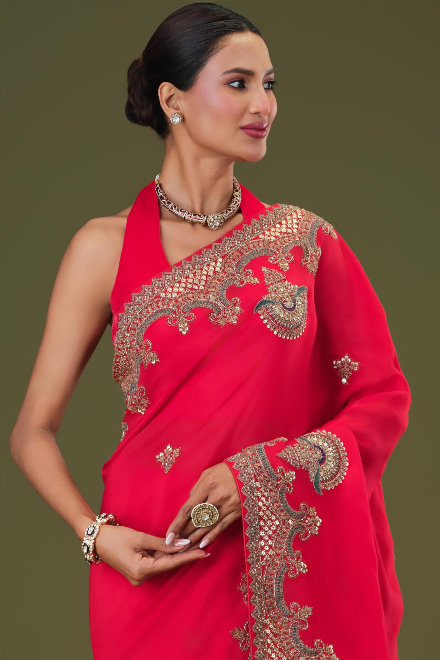 Bright Red Embroidered Satin Silk Saree