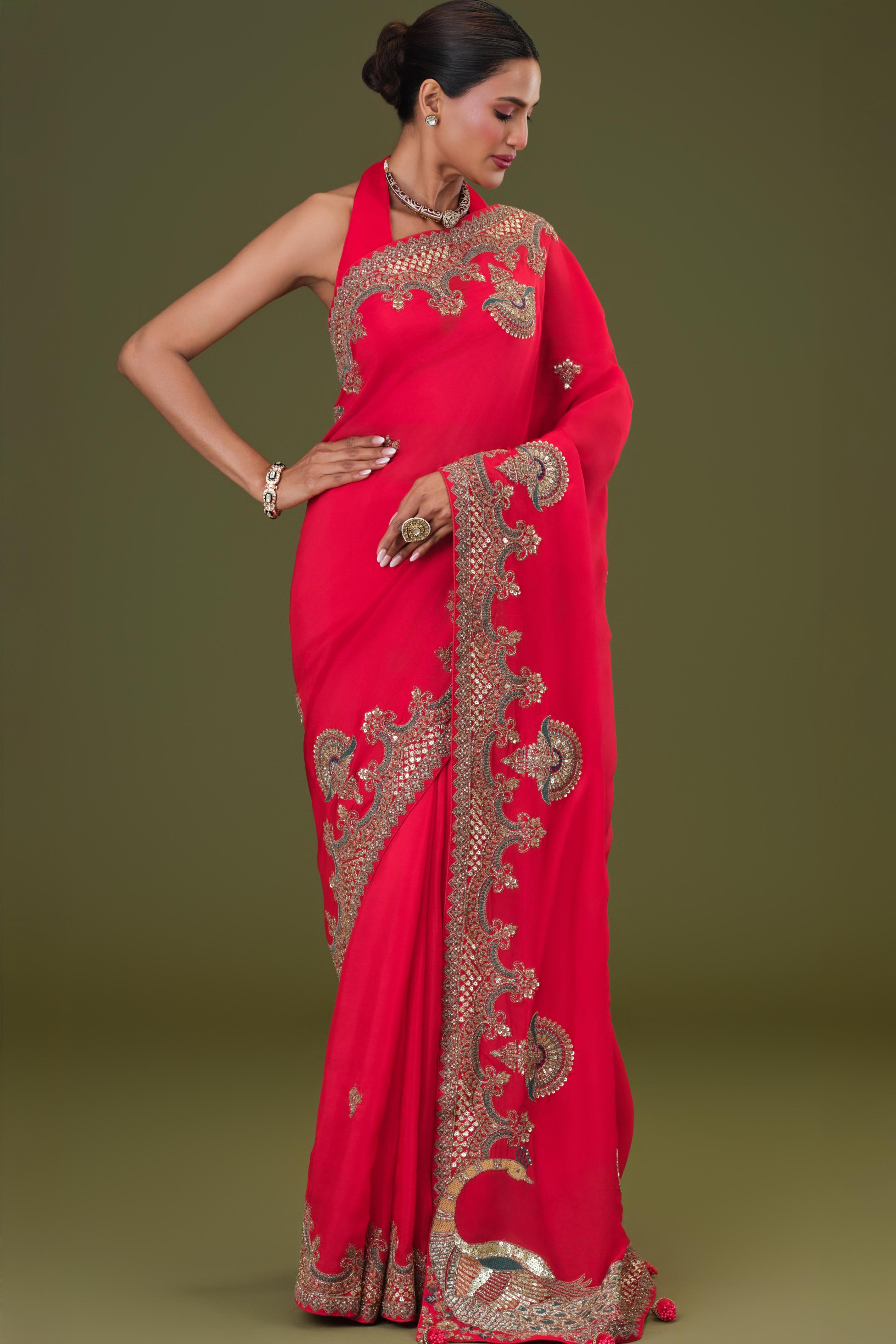 Bright Red Embroidered Satin Silk Saree