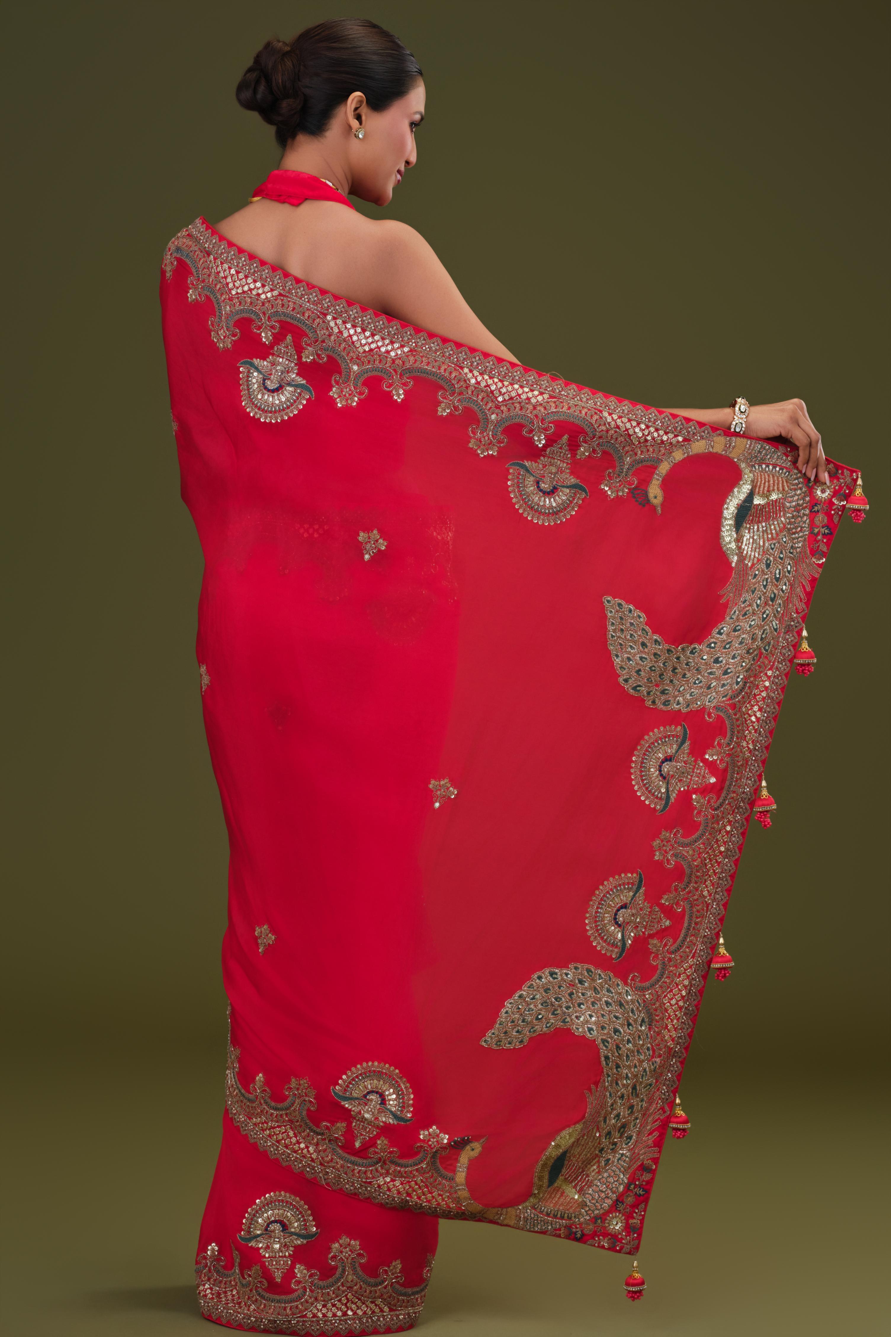 Bright Red Embroidered Satin Silk Saree