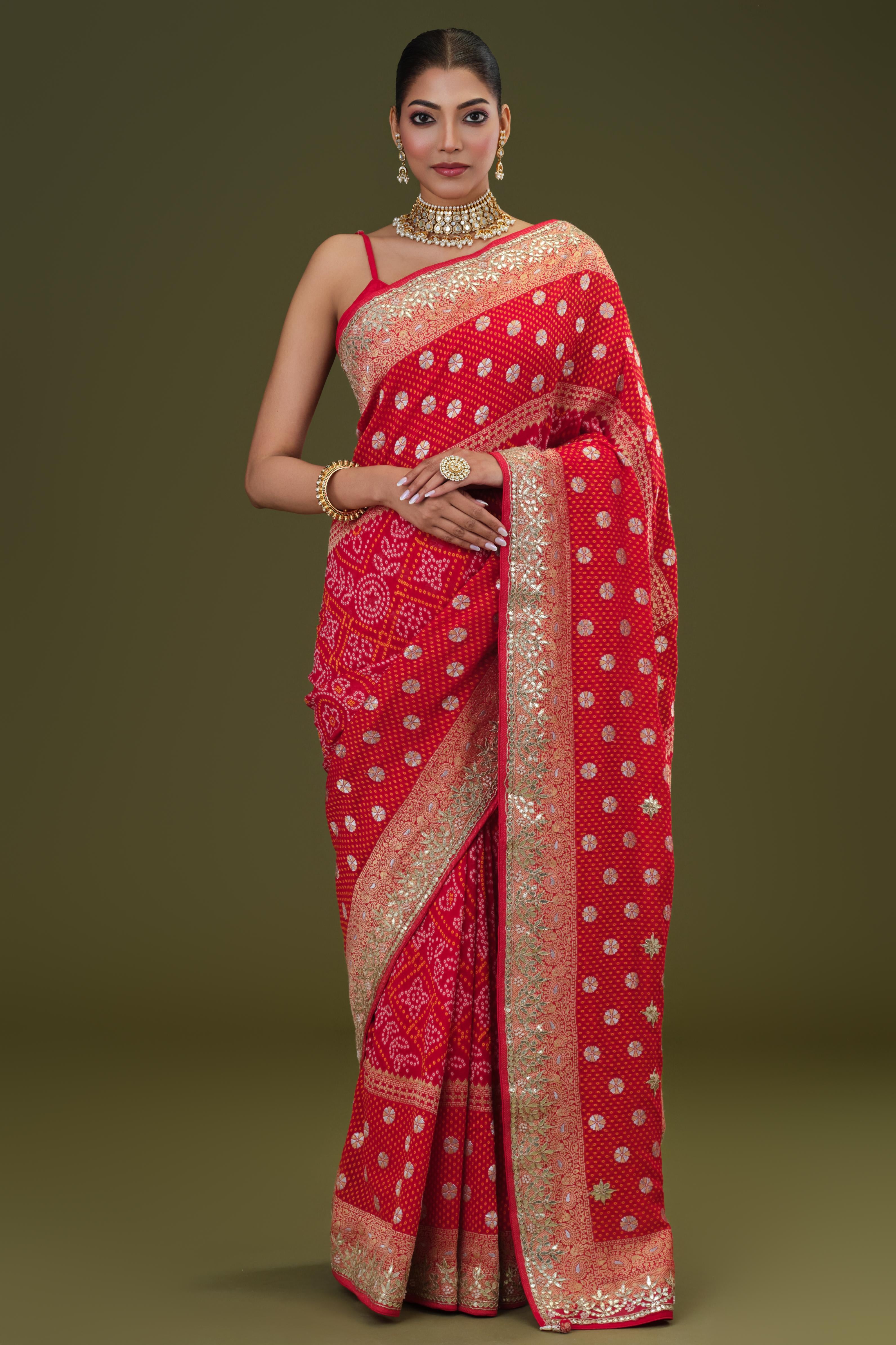 Red Gotta Pati Work Georgette Silk Saree