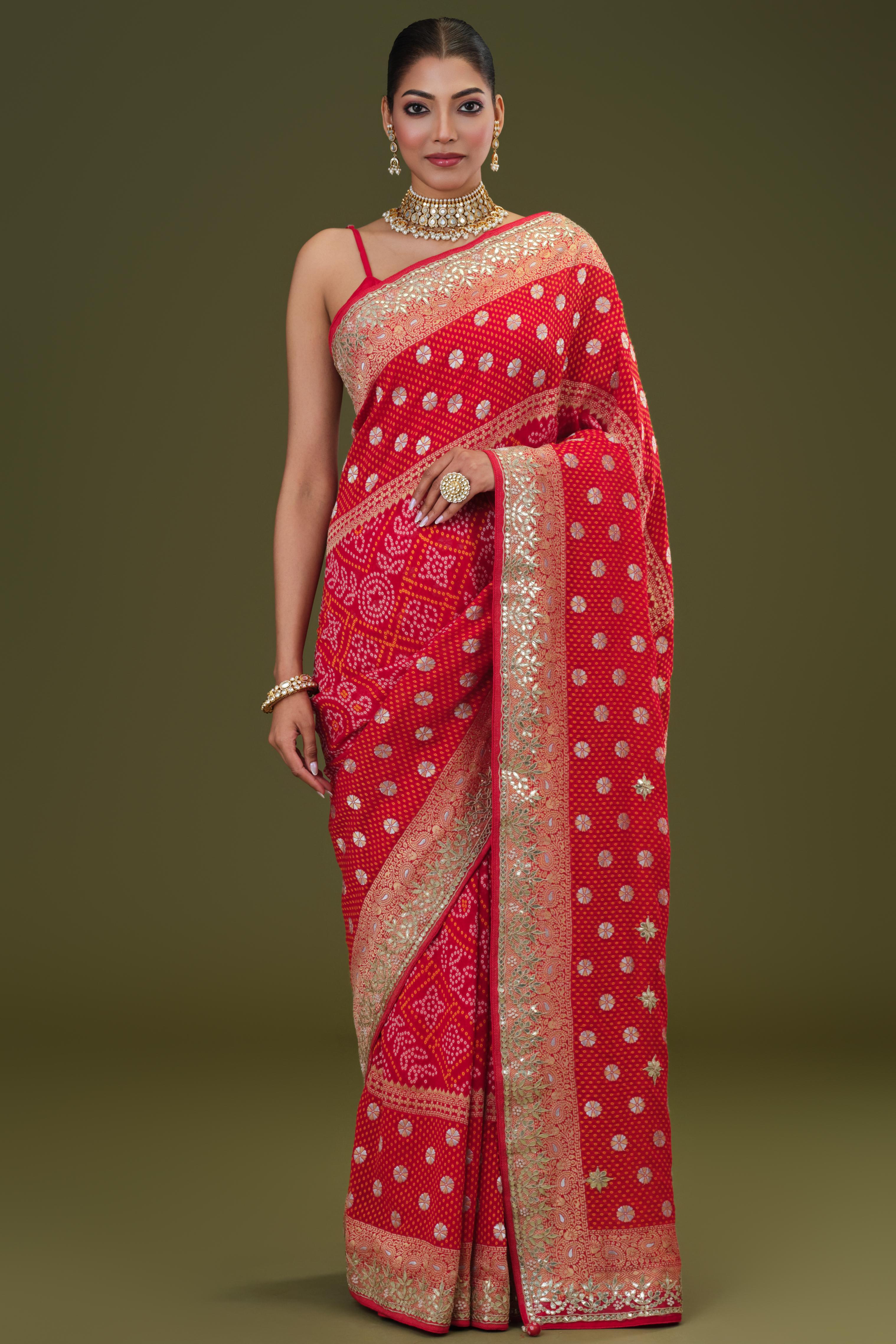 Red Gotta Pati Work Georgette Silk Saree