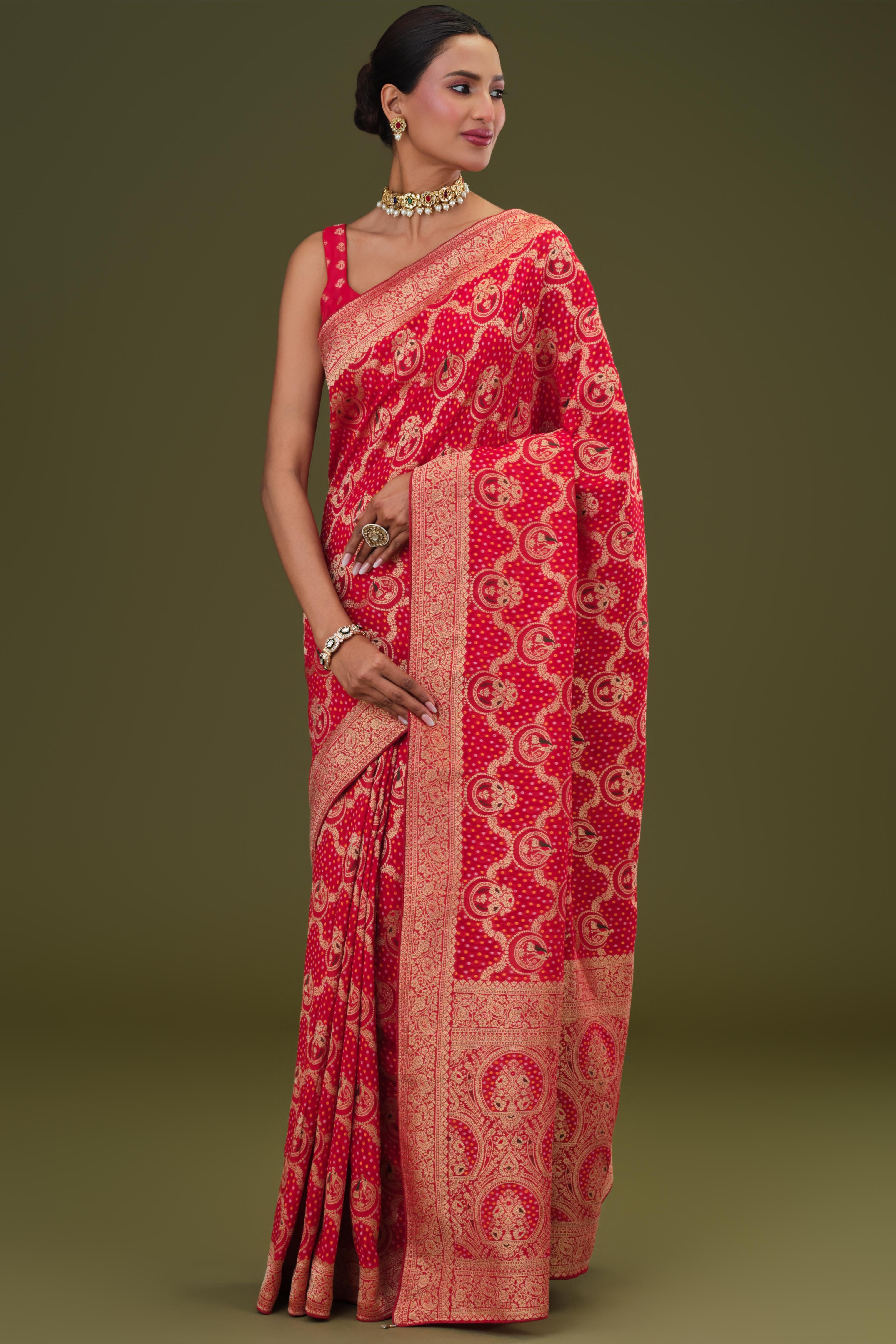 Red Zari Woven Georgette Silk Saree