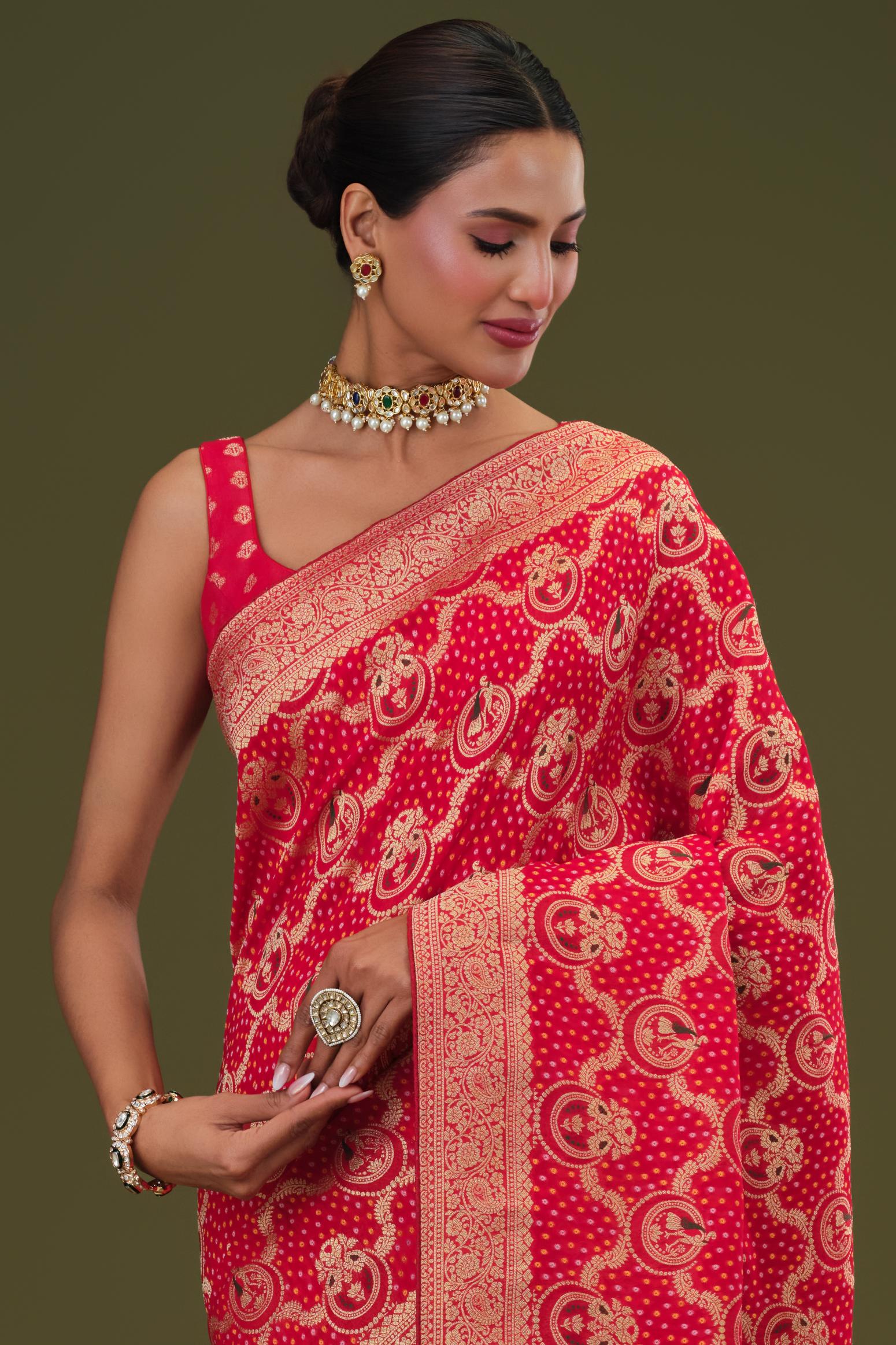 Red Zari Woven Georgette Silk Saree