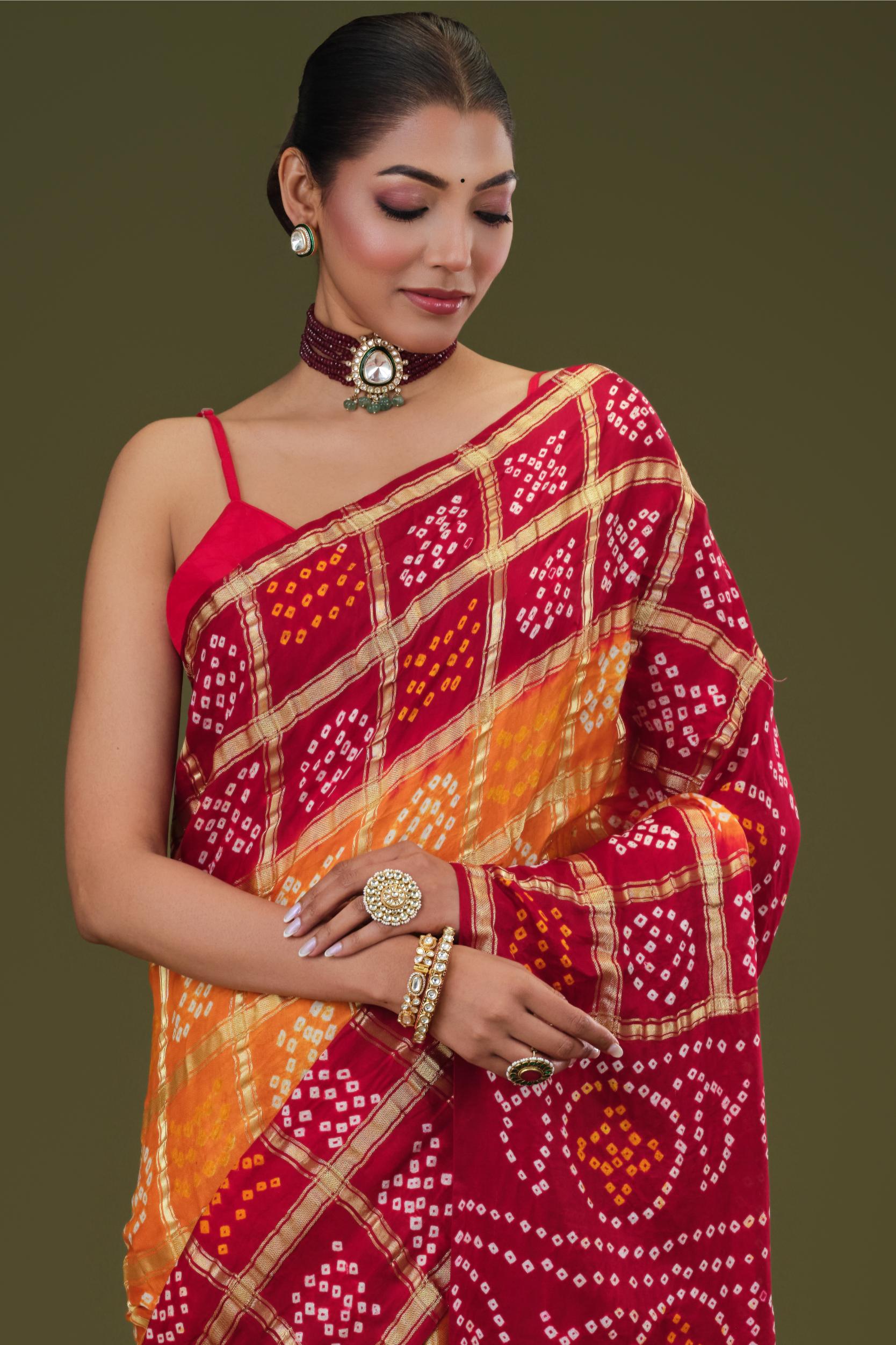 Red Bandhani Pure Gazzi Silk Saree
