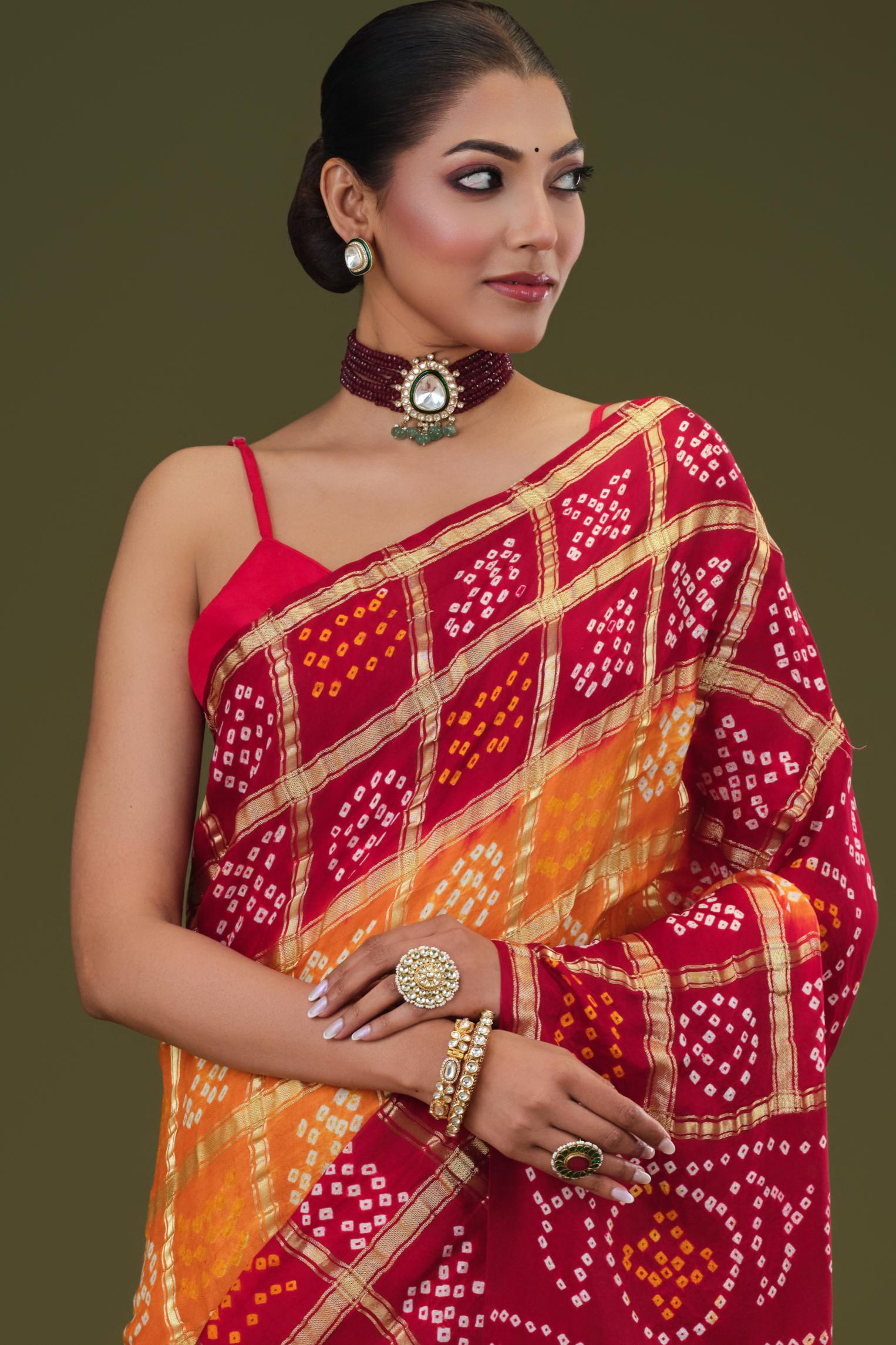 Red Bandhani Pure Gazzi Silk Saree