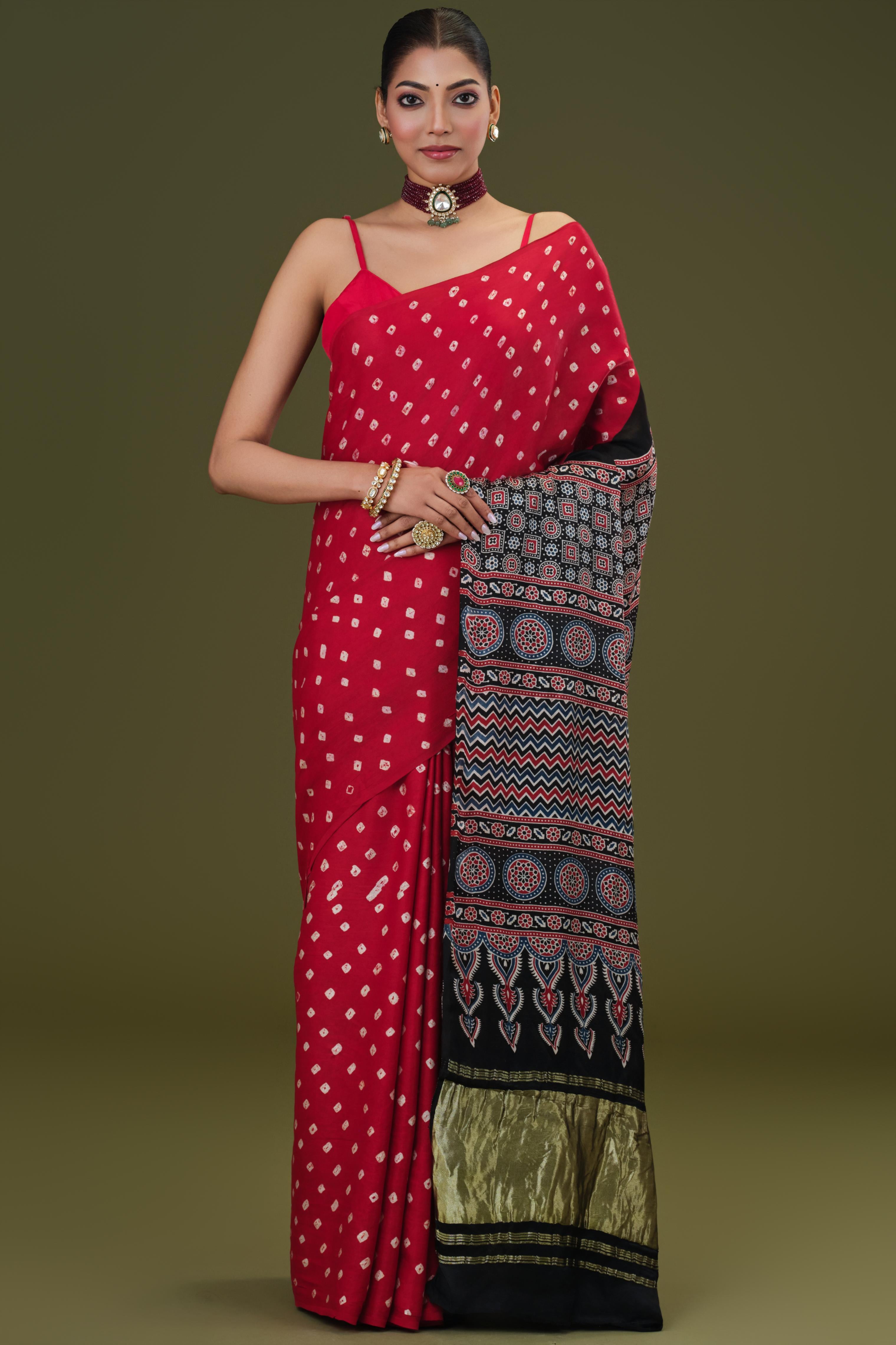 Red Bandhani Modal Silk Saree