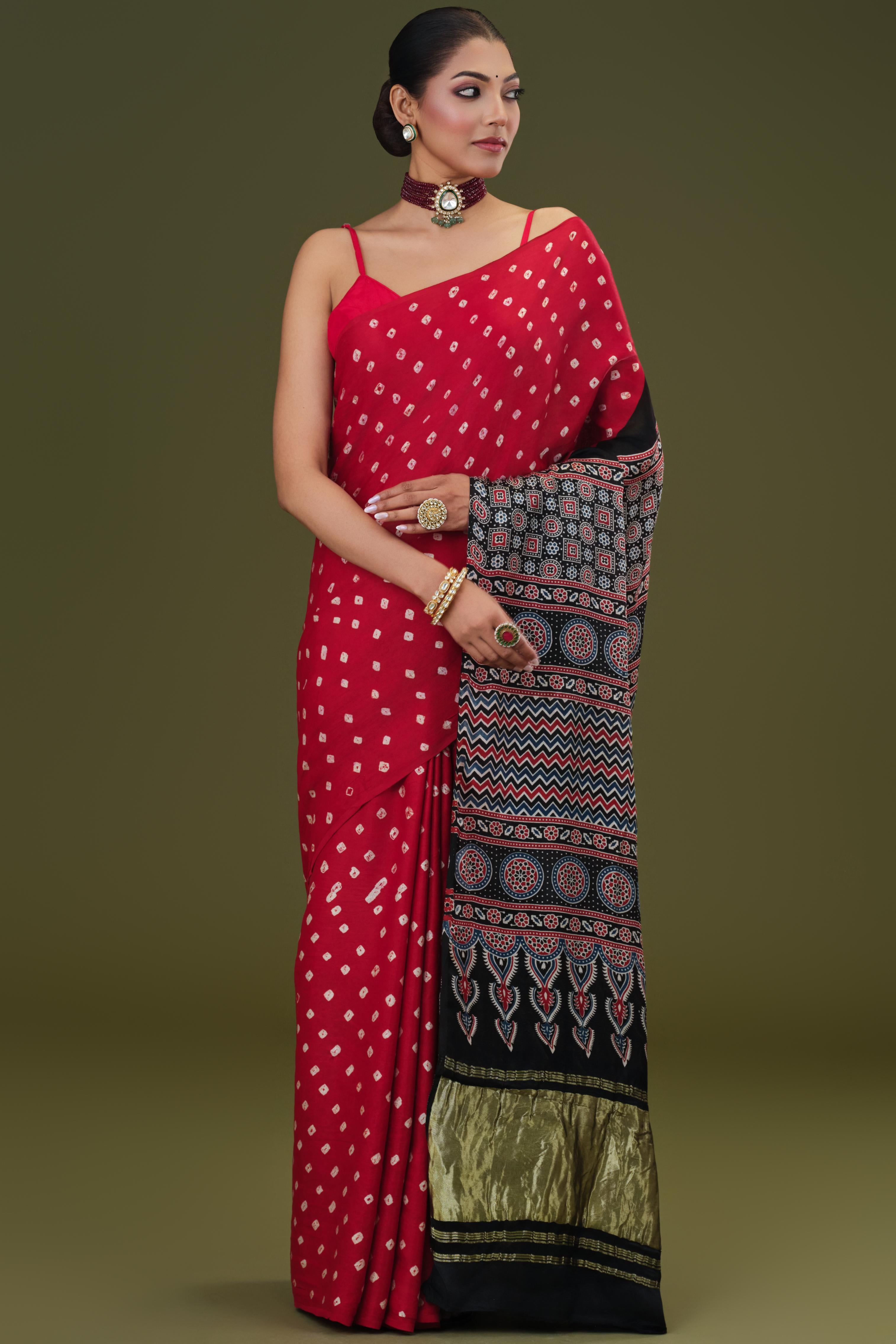 Red Bandhani Modal Silk Saree