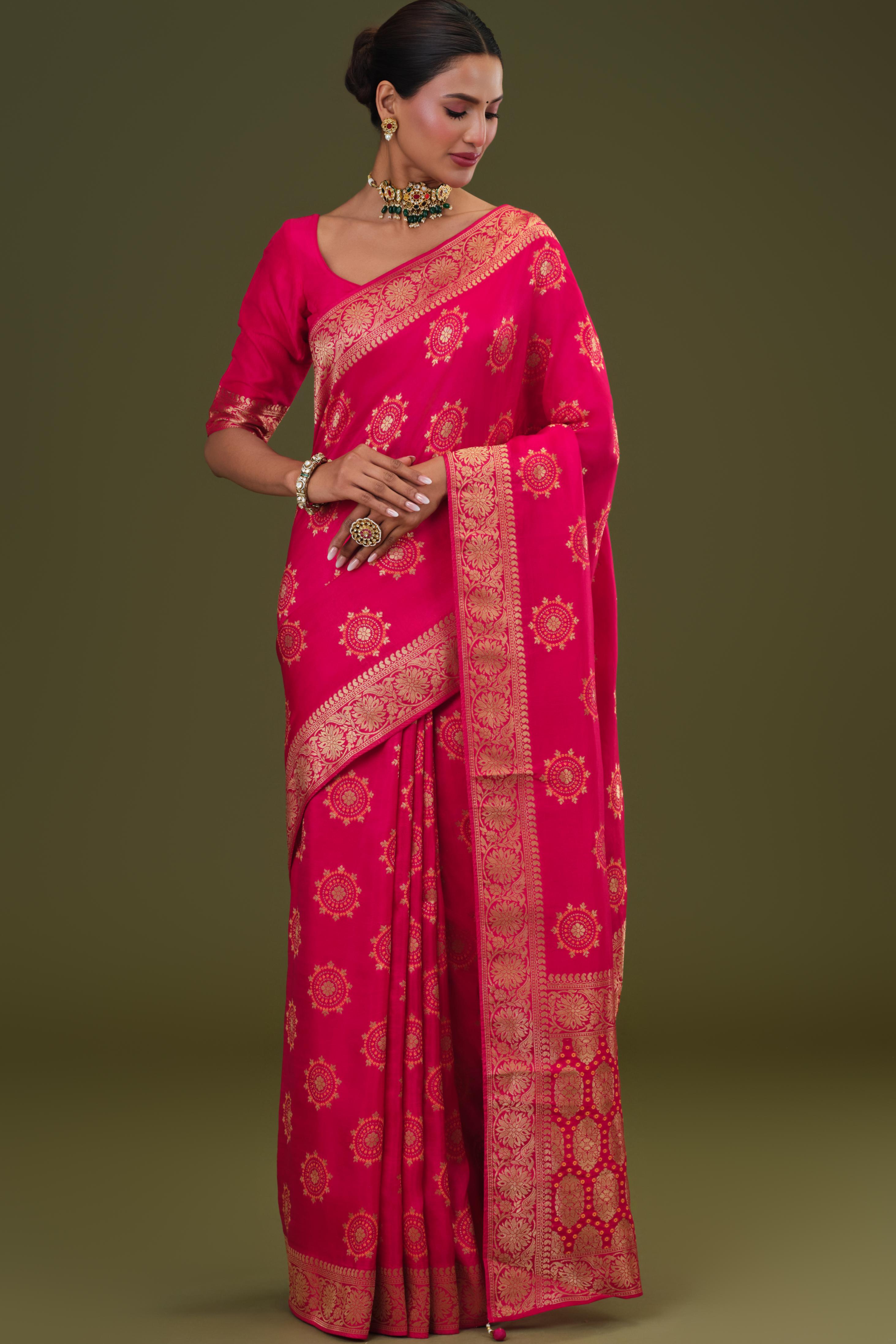 Bright Pink Embroidered Dola Silk Saree