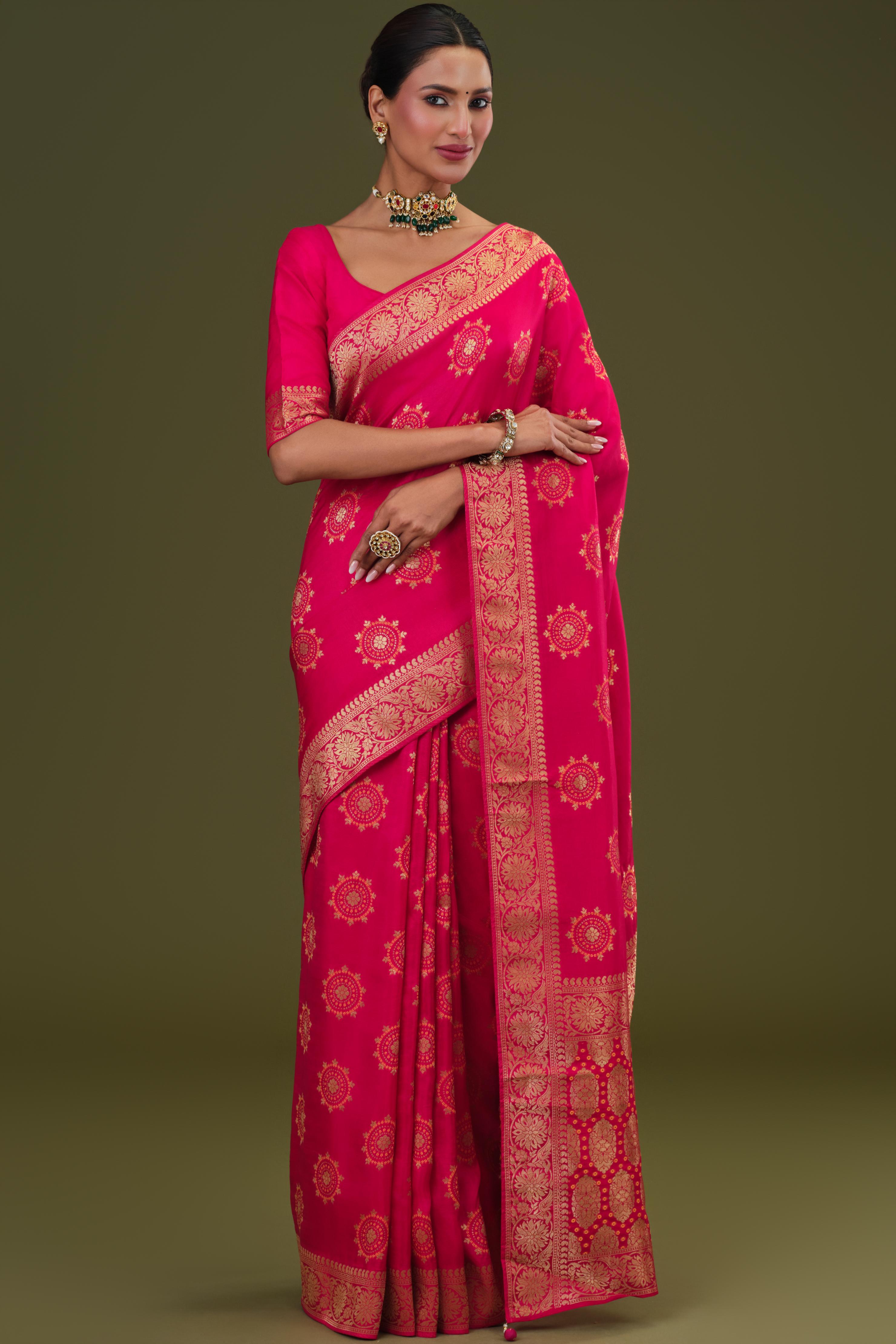 Bright Pink Embroidered Dola Silk Saree