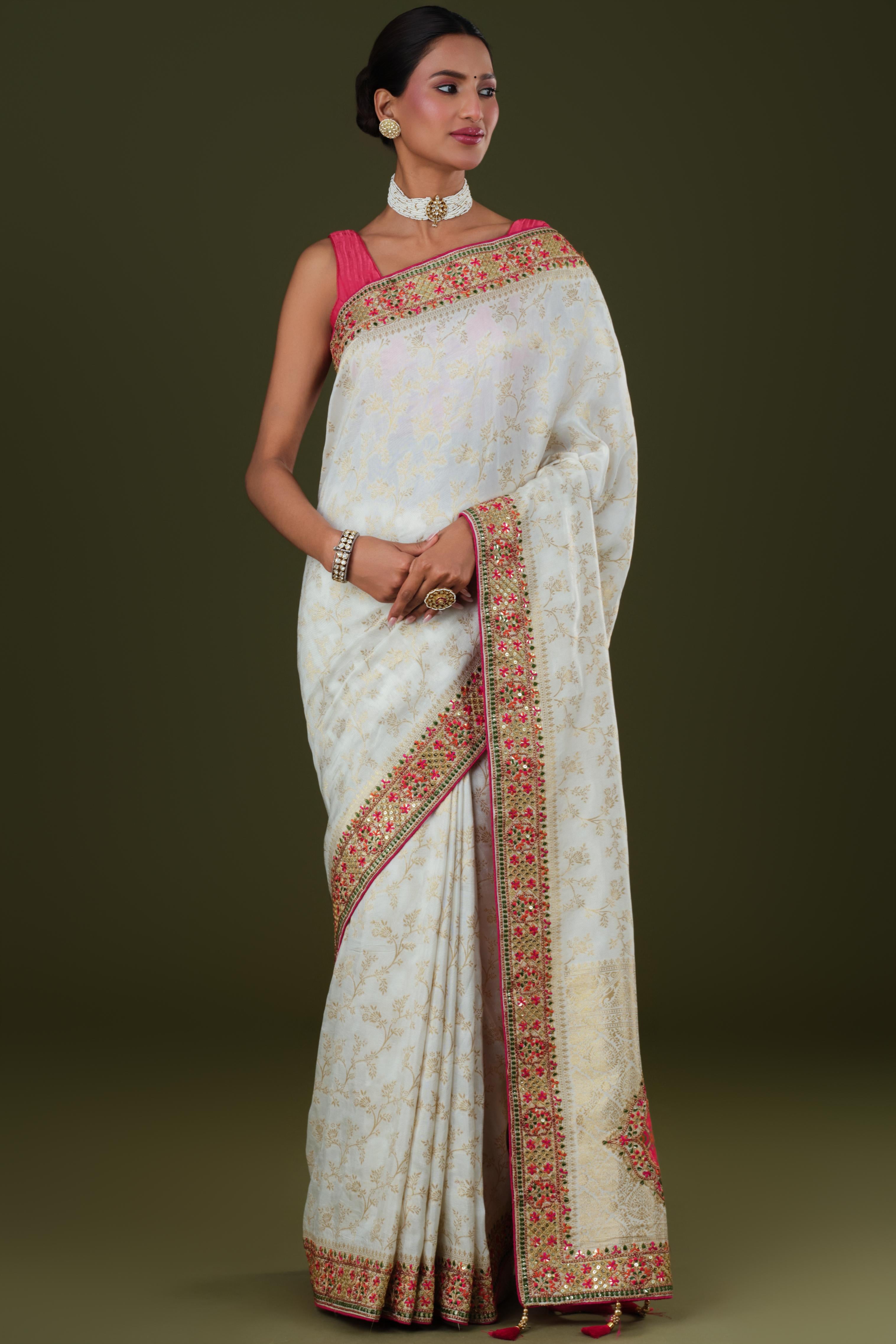 White Embroidered Banarasi Dola Silk Saree
