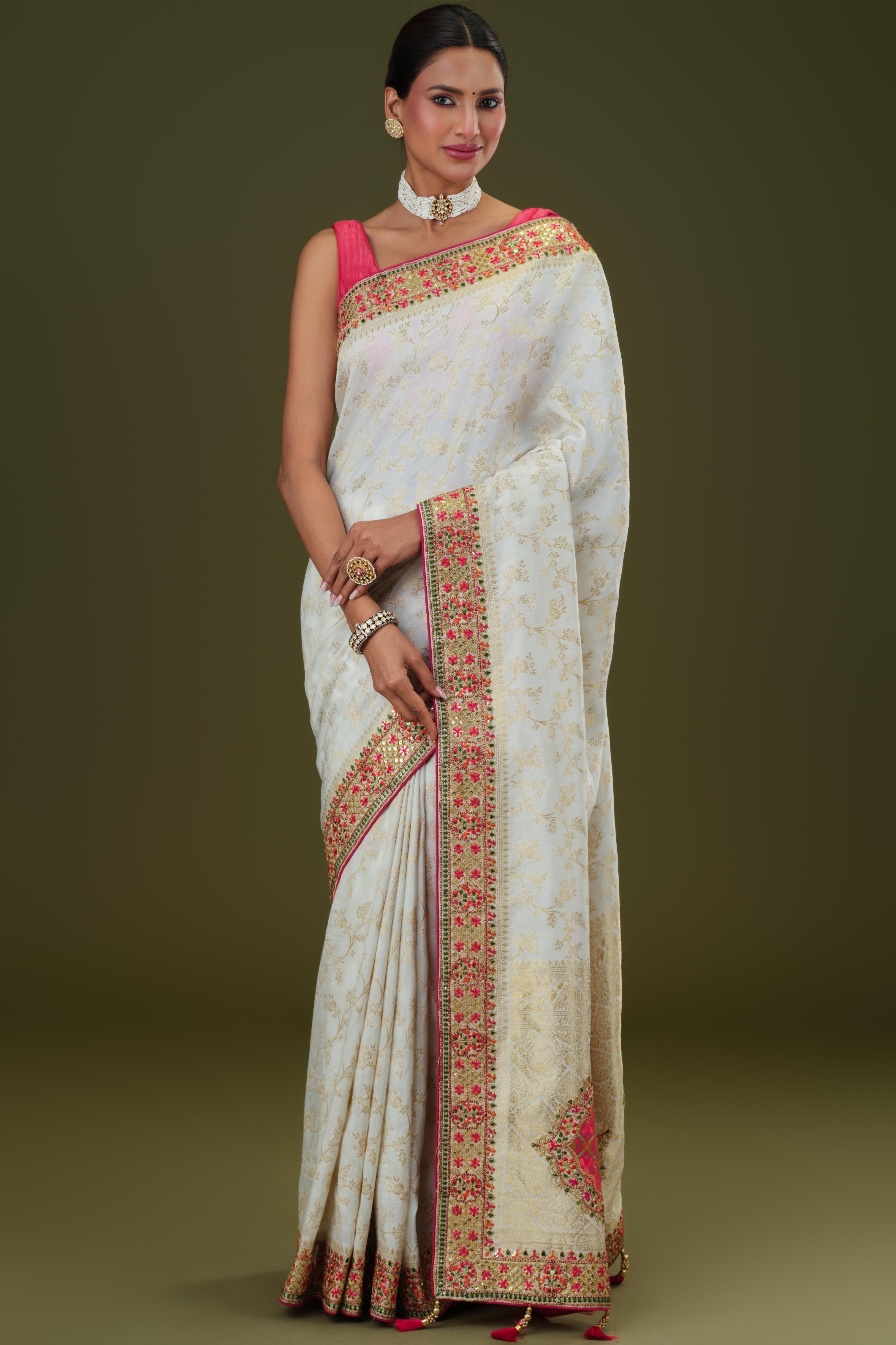 White Embroidered Banarasi Dola Silk Saree