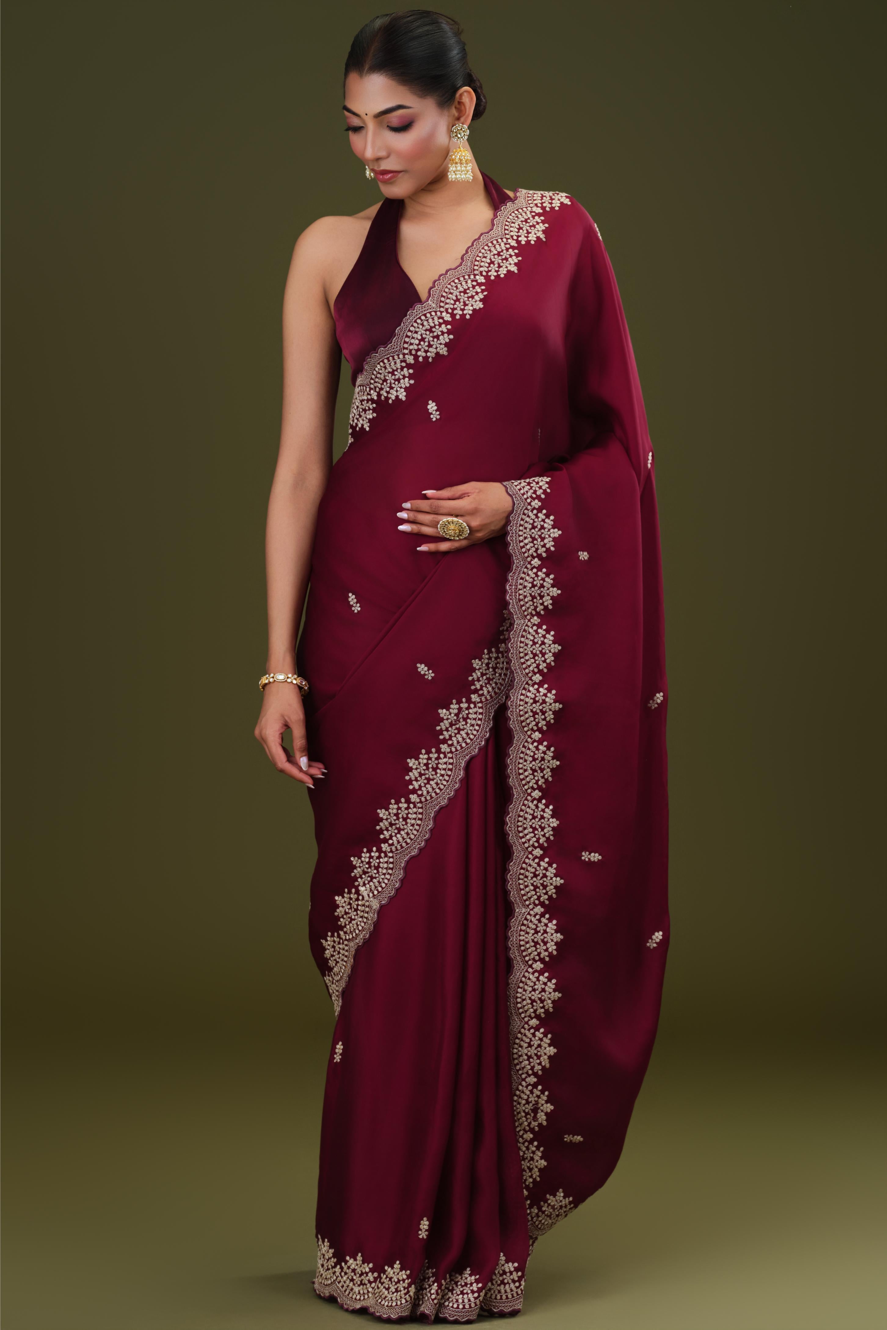 Wine Embroidered Butter Silk Saree