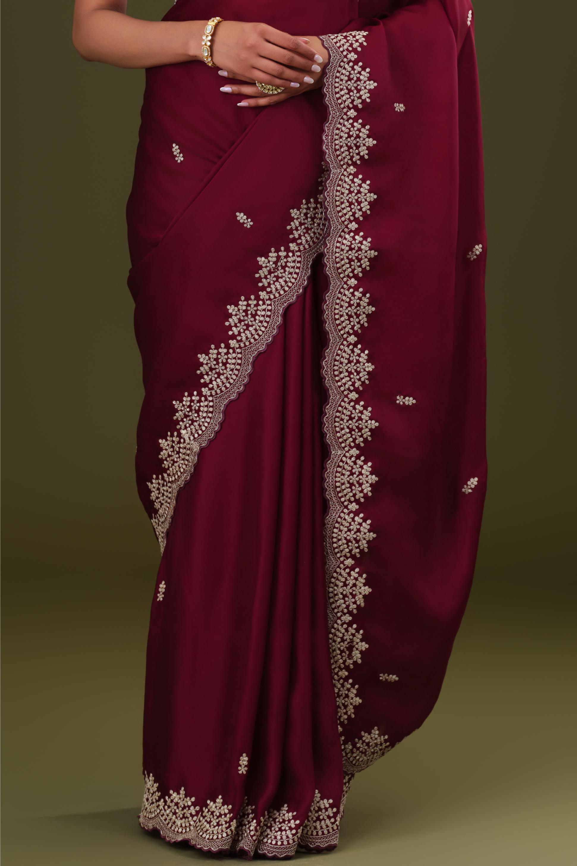 Wine Embroidered Butter Silk Saree