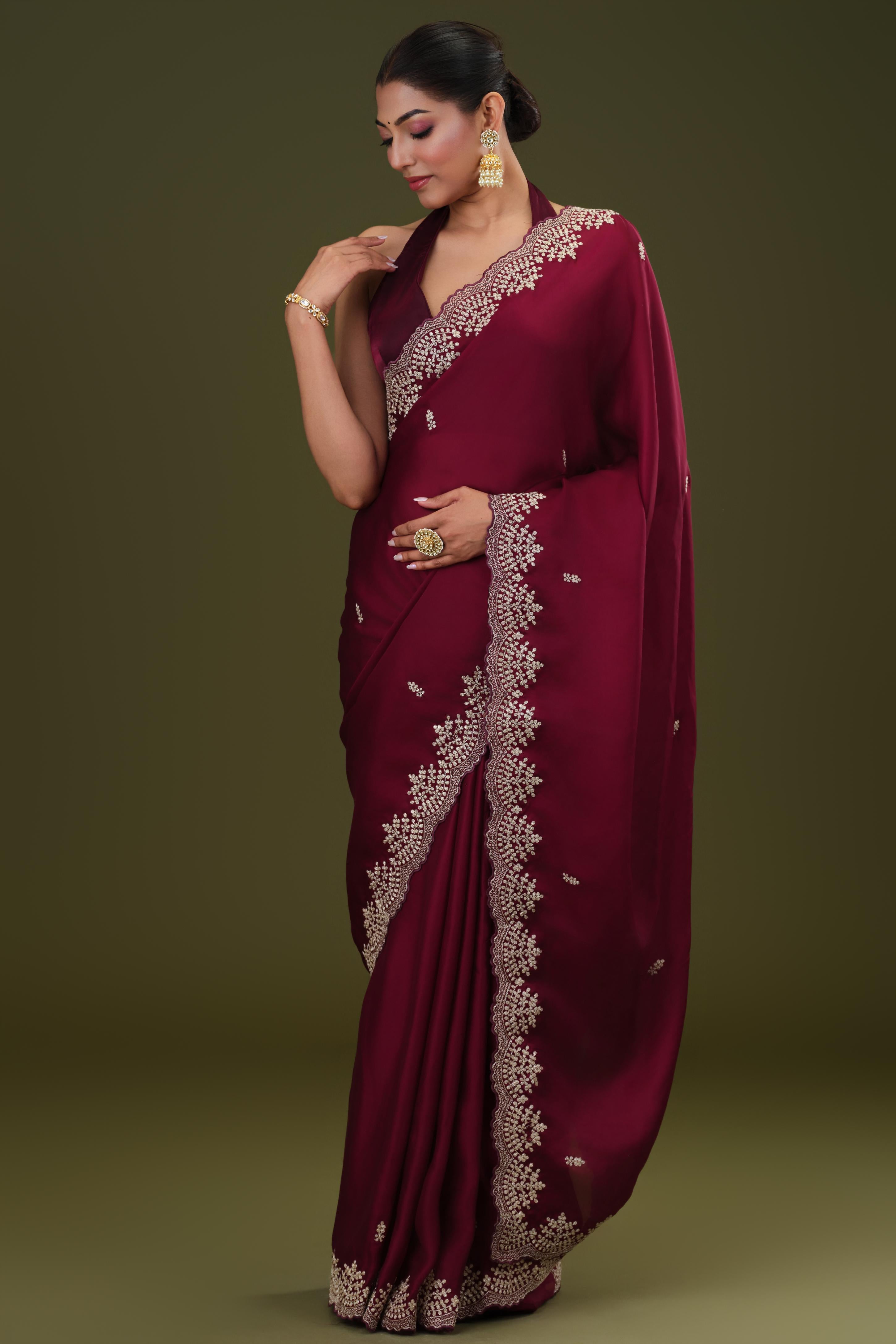 Wine Embroidered Butter Silk Saree