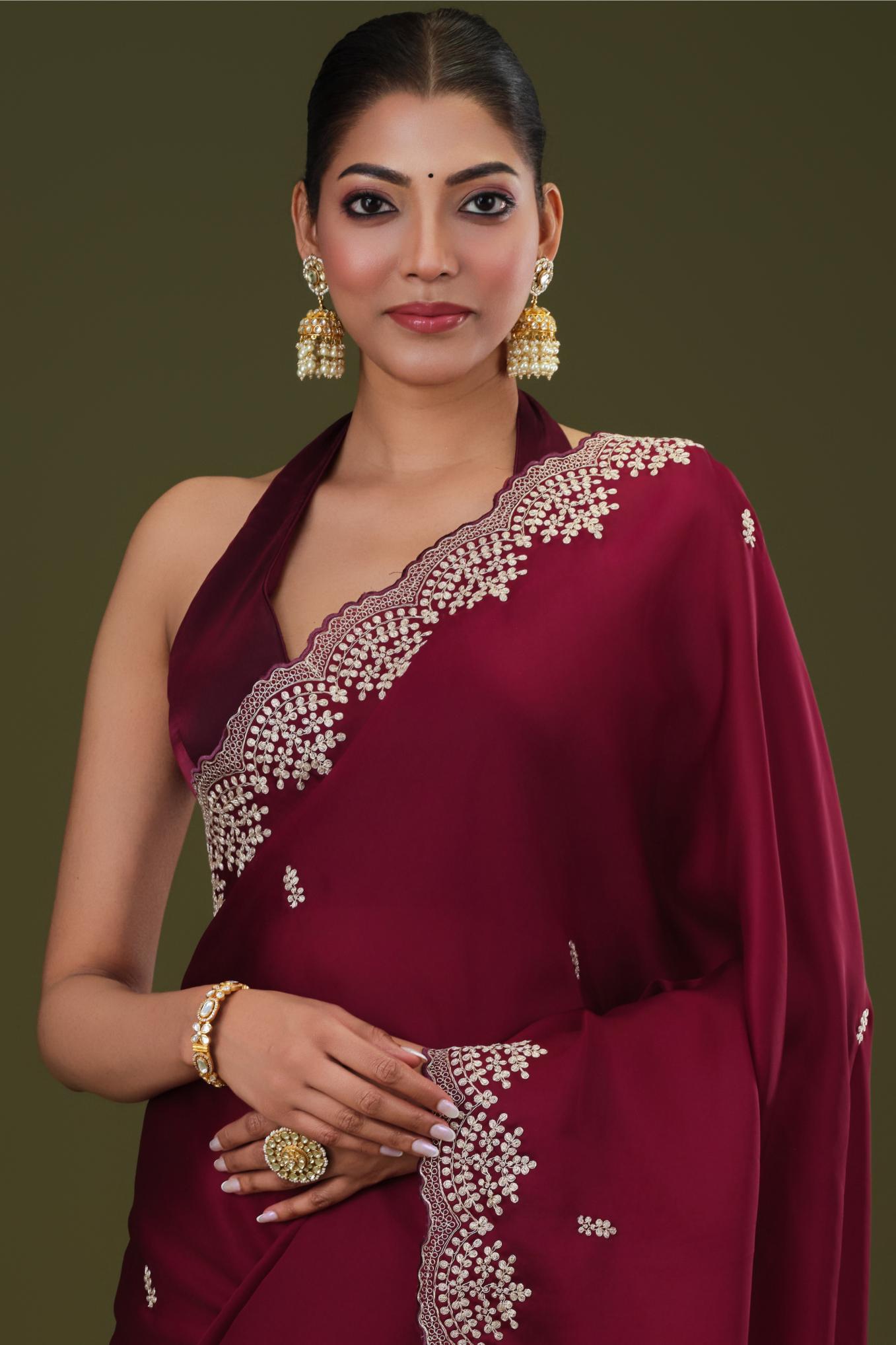 Wine Embroidered Butter Silk Saree