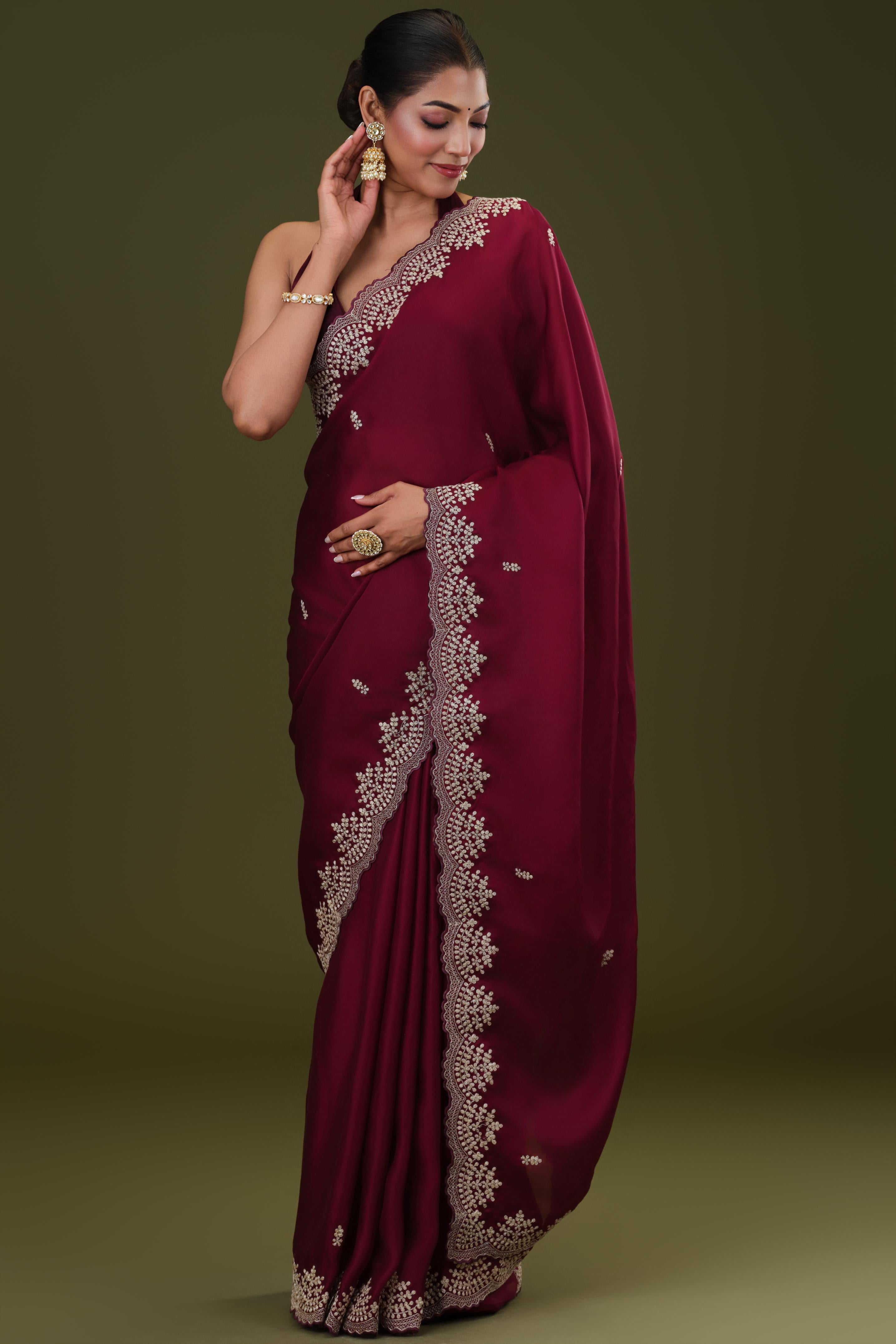 Wine Embroidered Butter Silk Saree