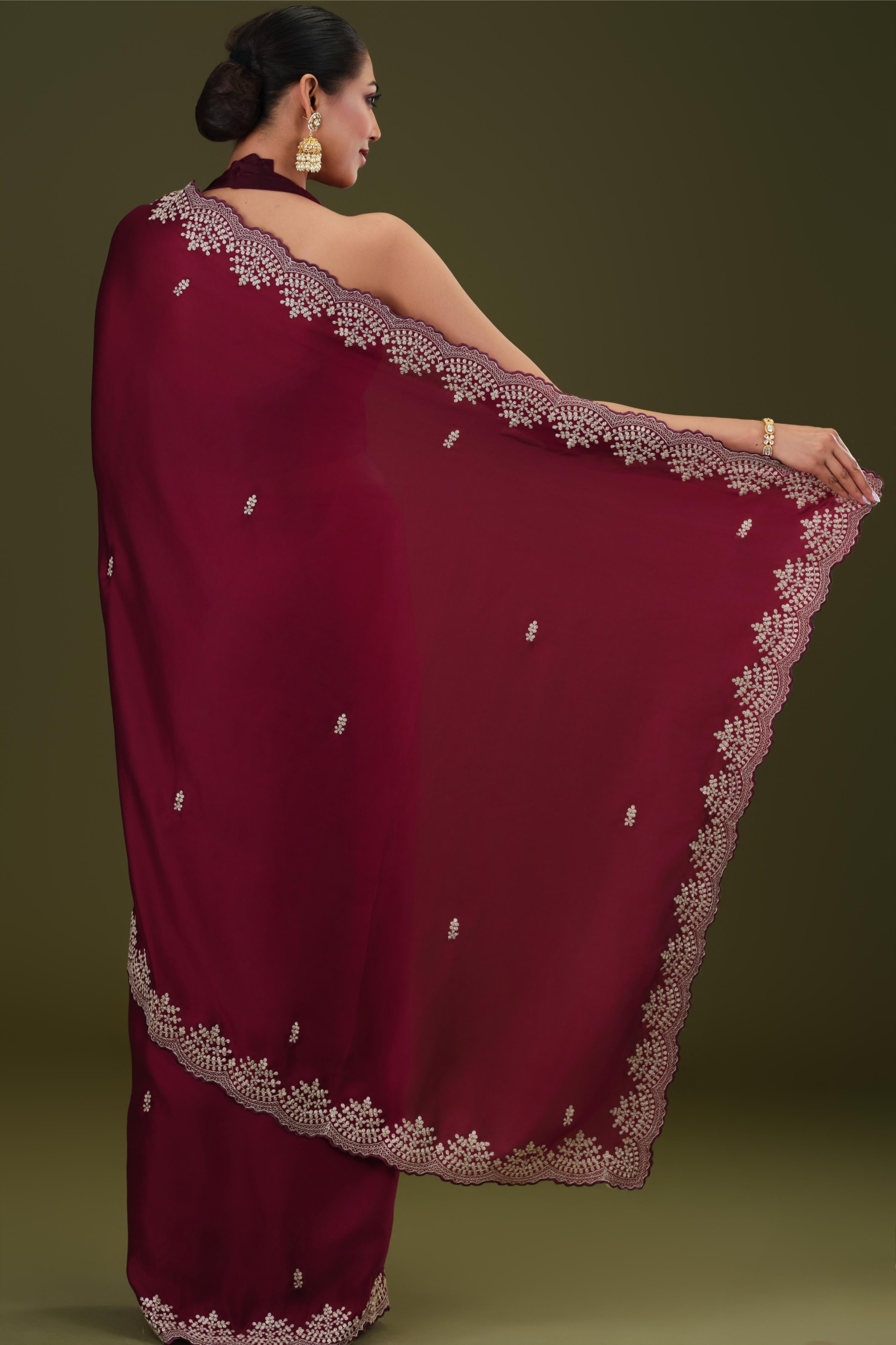 Wine Embroidered Butter Silk Saree