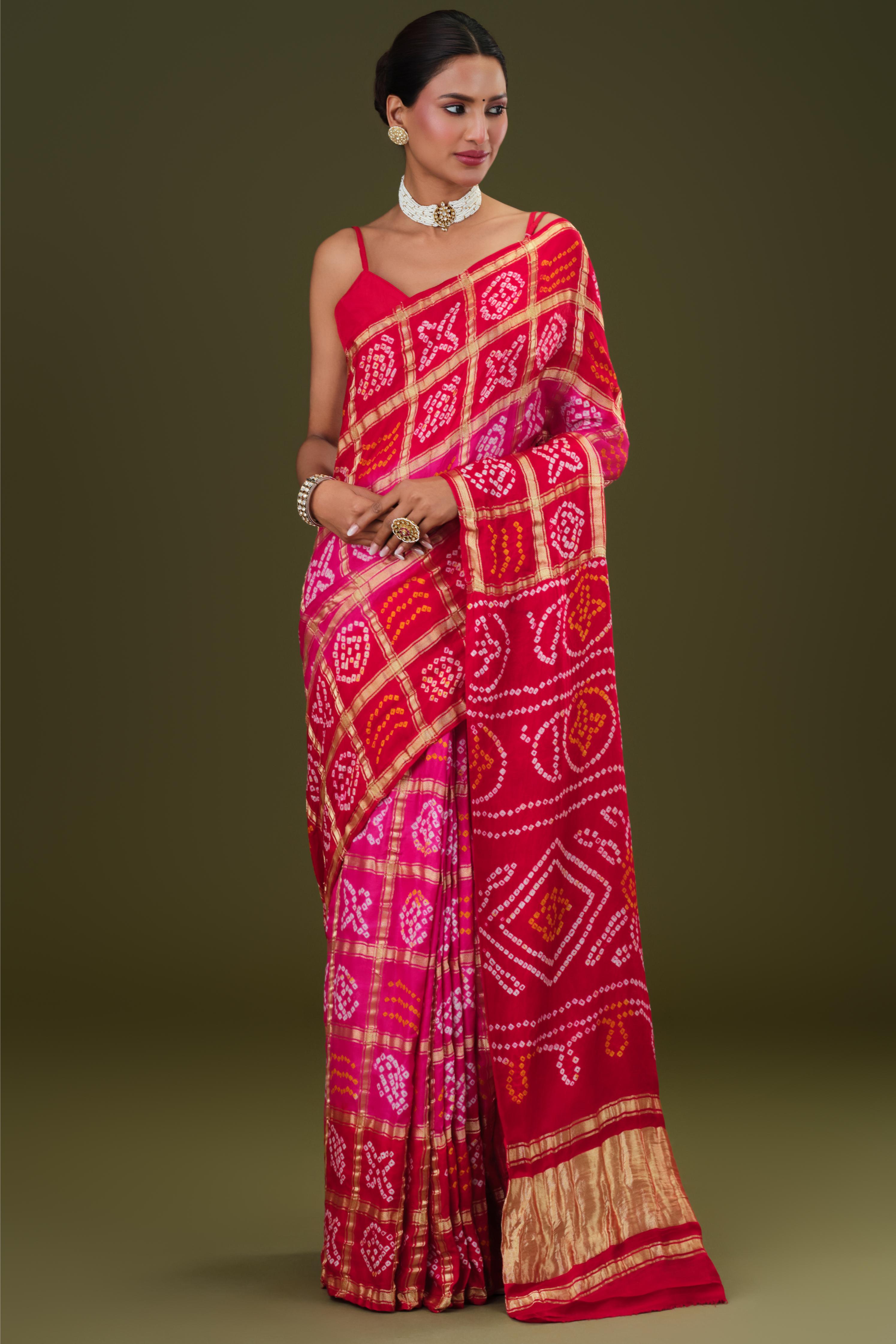 Pink Bandhani Pure Gazzi Silk Saree
