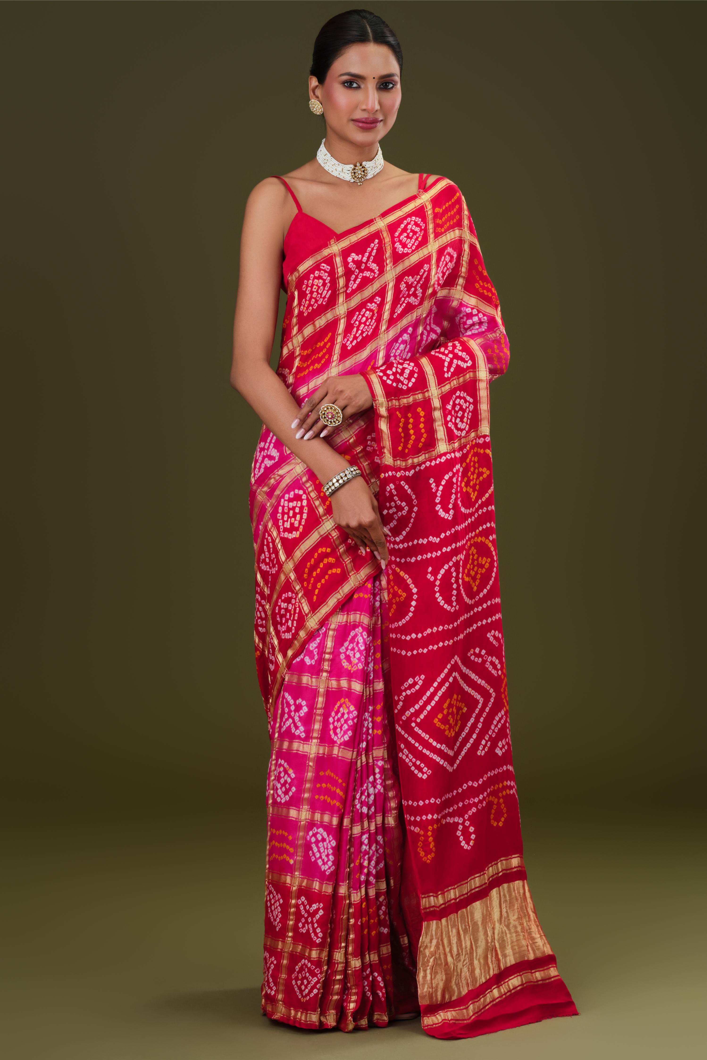 Pink Bandhani Pure Gazzi Silk Saree