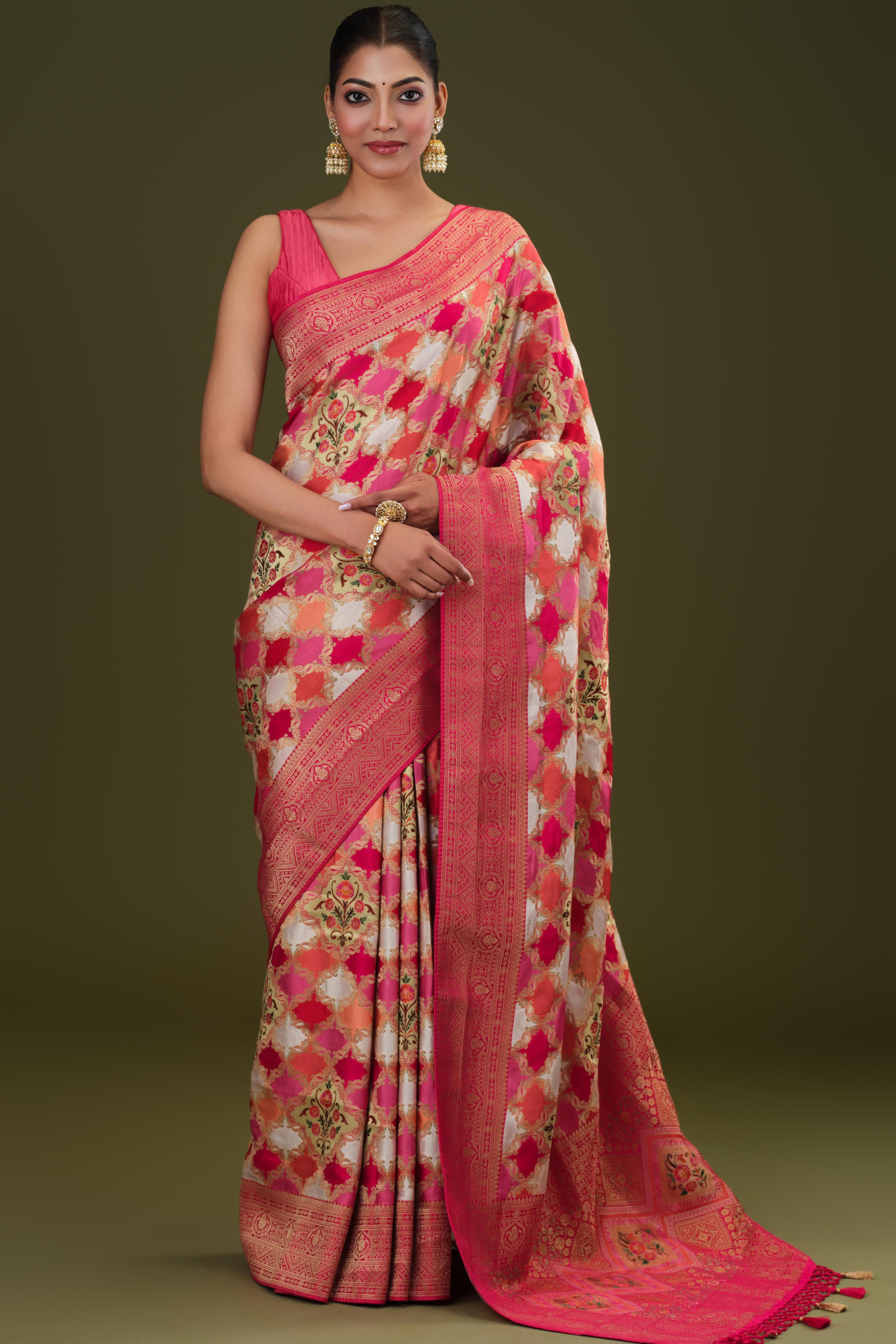 White Banarasi Pure Satin Silk Saree
