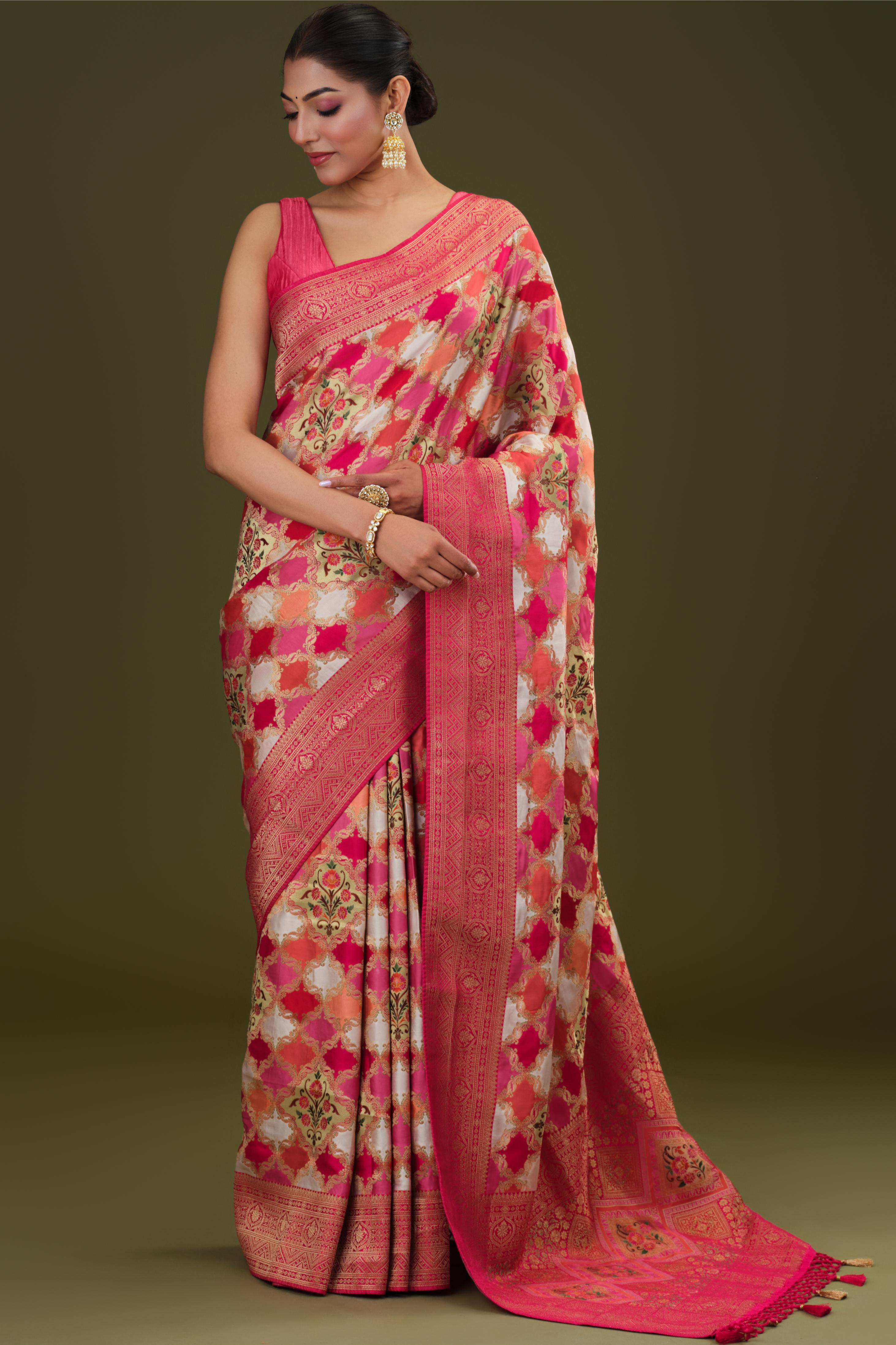 White Banarasi Pure Satin Silk Saree