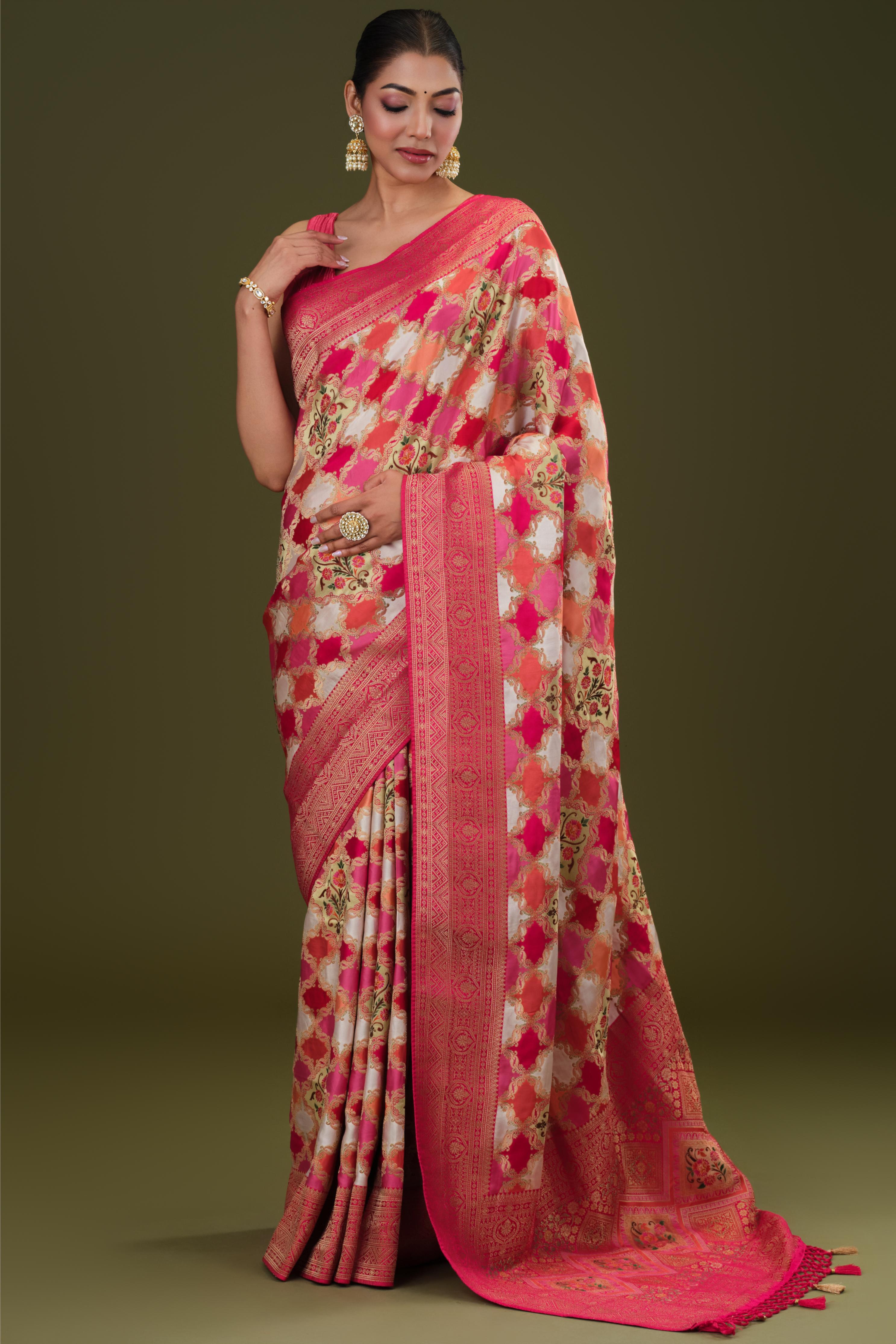 White Banarasi Pure Satin Silk Saree