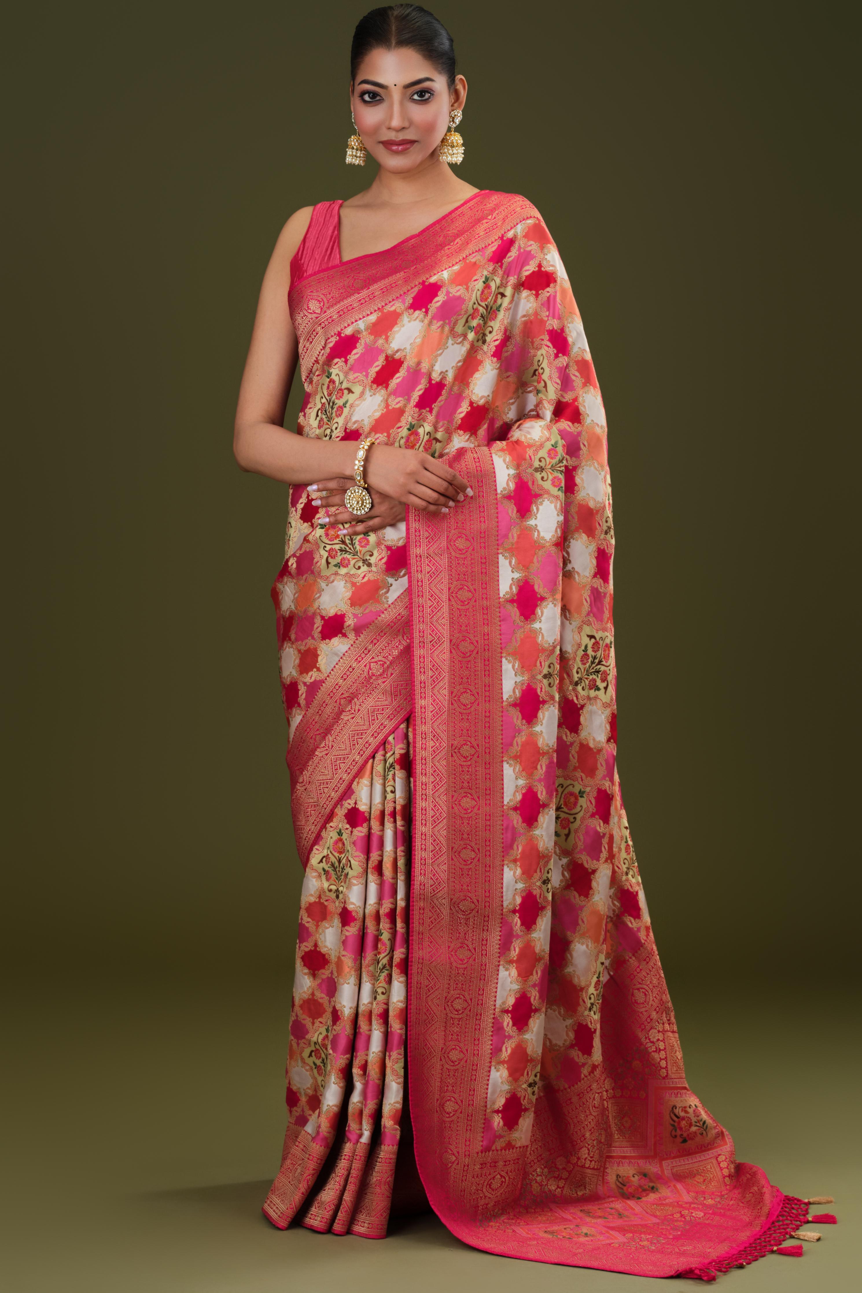 White Banarasi Pure Satin Silk Saree