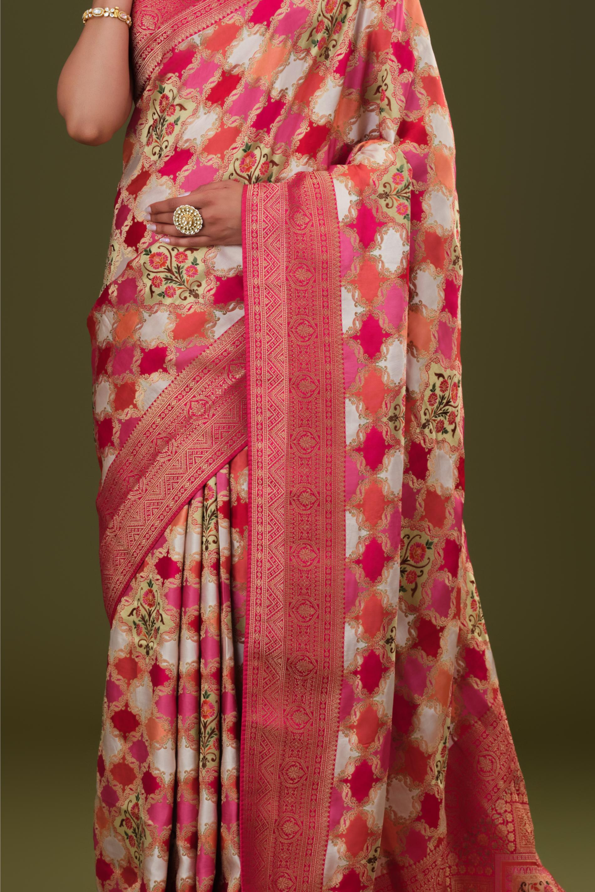 White Banarasi Pure Satin Silk Saree