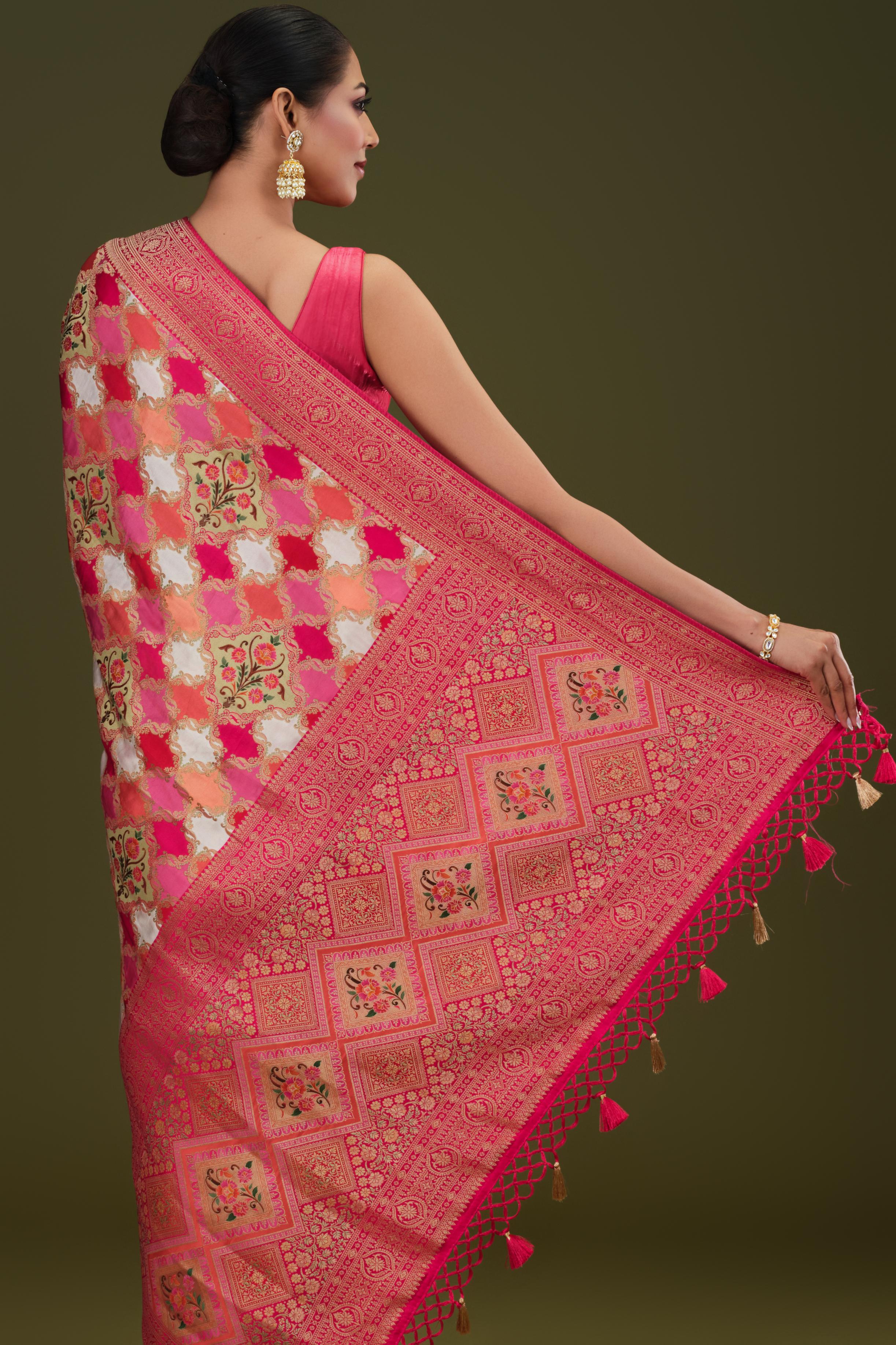 White Banarasi Pure Satin Silk Saree