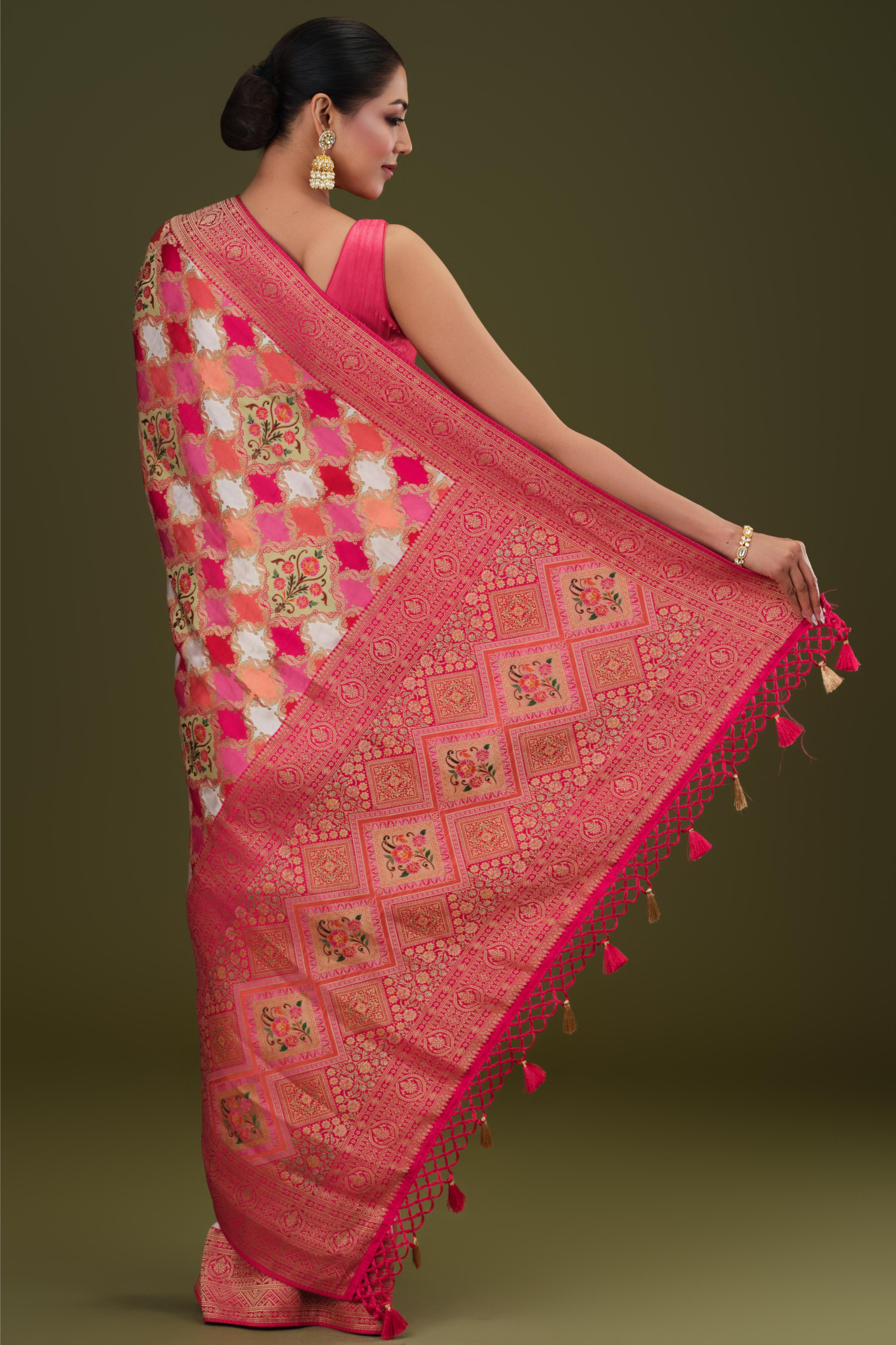 White Banarasi Pure Satin Silk Saree