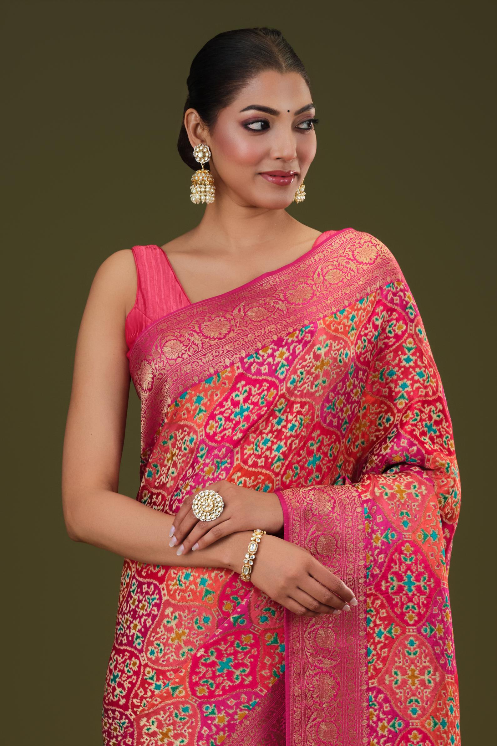 Bright Pink Woven Pure Satin Silk Saree